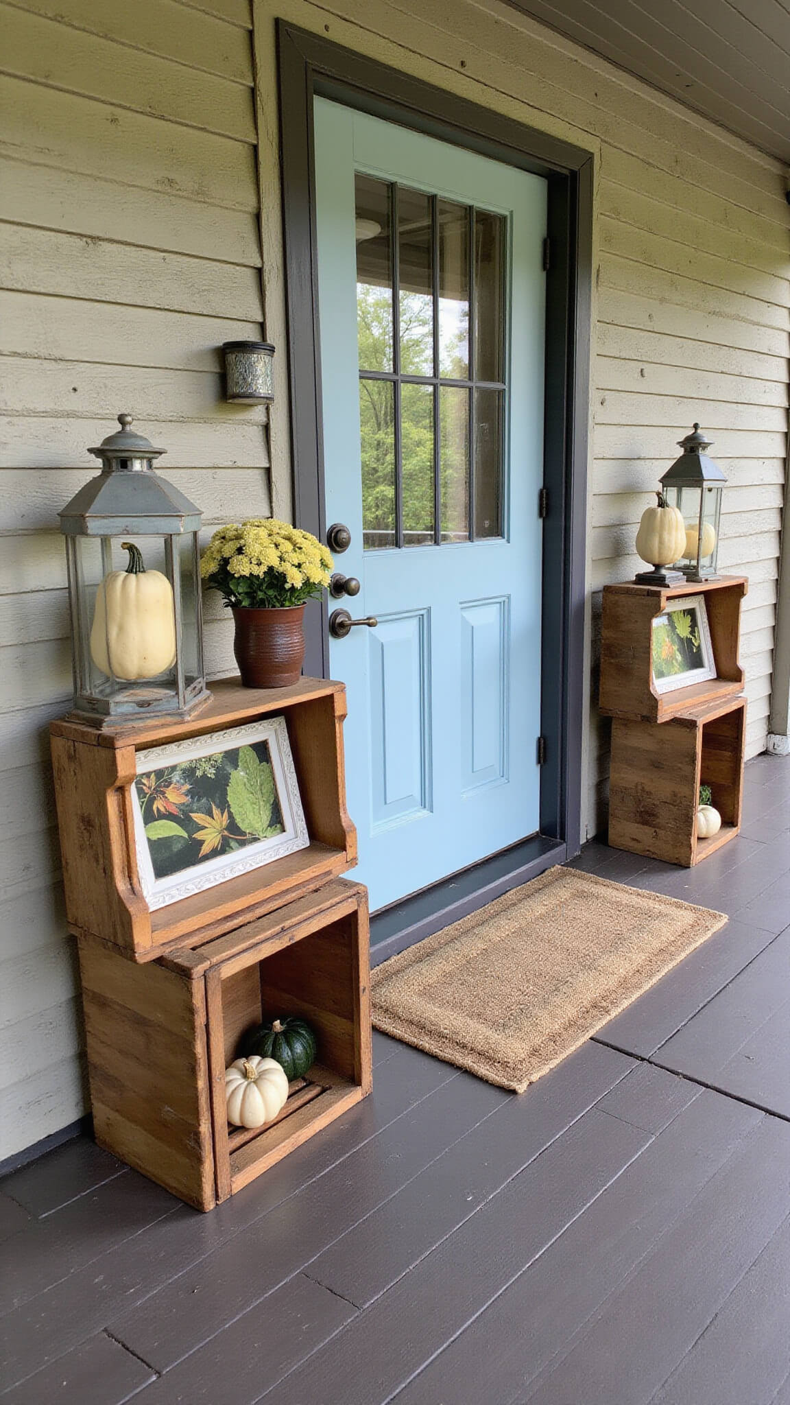 Rustic farmhouse porch with antique crate displays of pumpkins and roses, vintage window photo frames, and blue Dutch door in soft afternoon light.