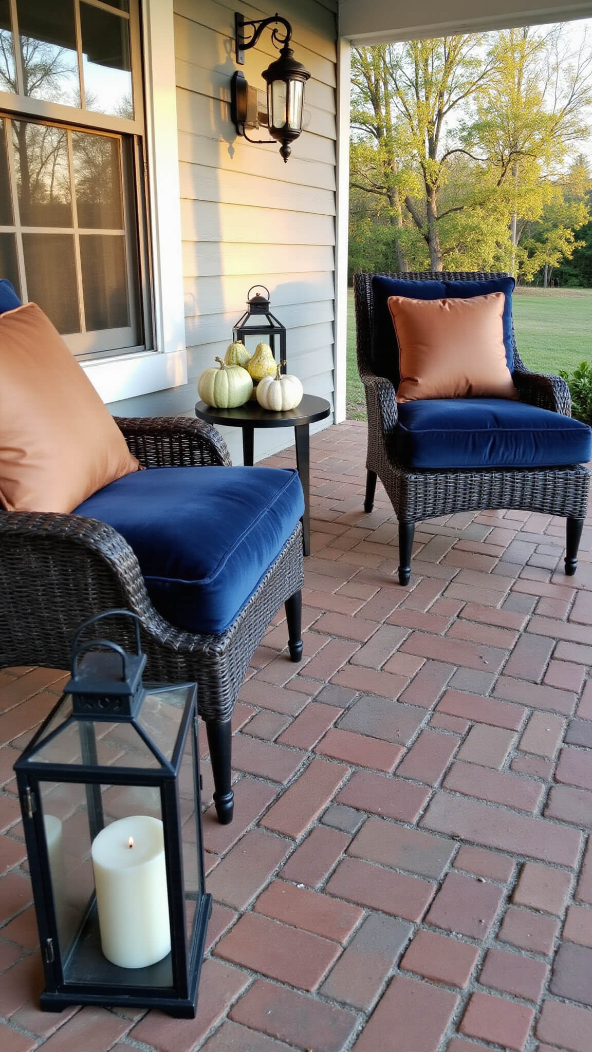 Sophisticated autumn porch with navy velvet chairs, copper pillows, brick herringbone floor, white pumpkins, and lanterns at golden hour.