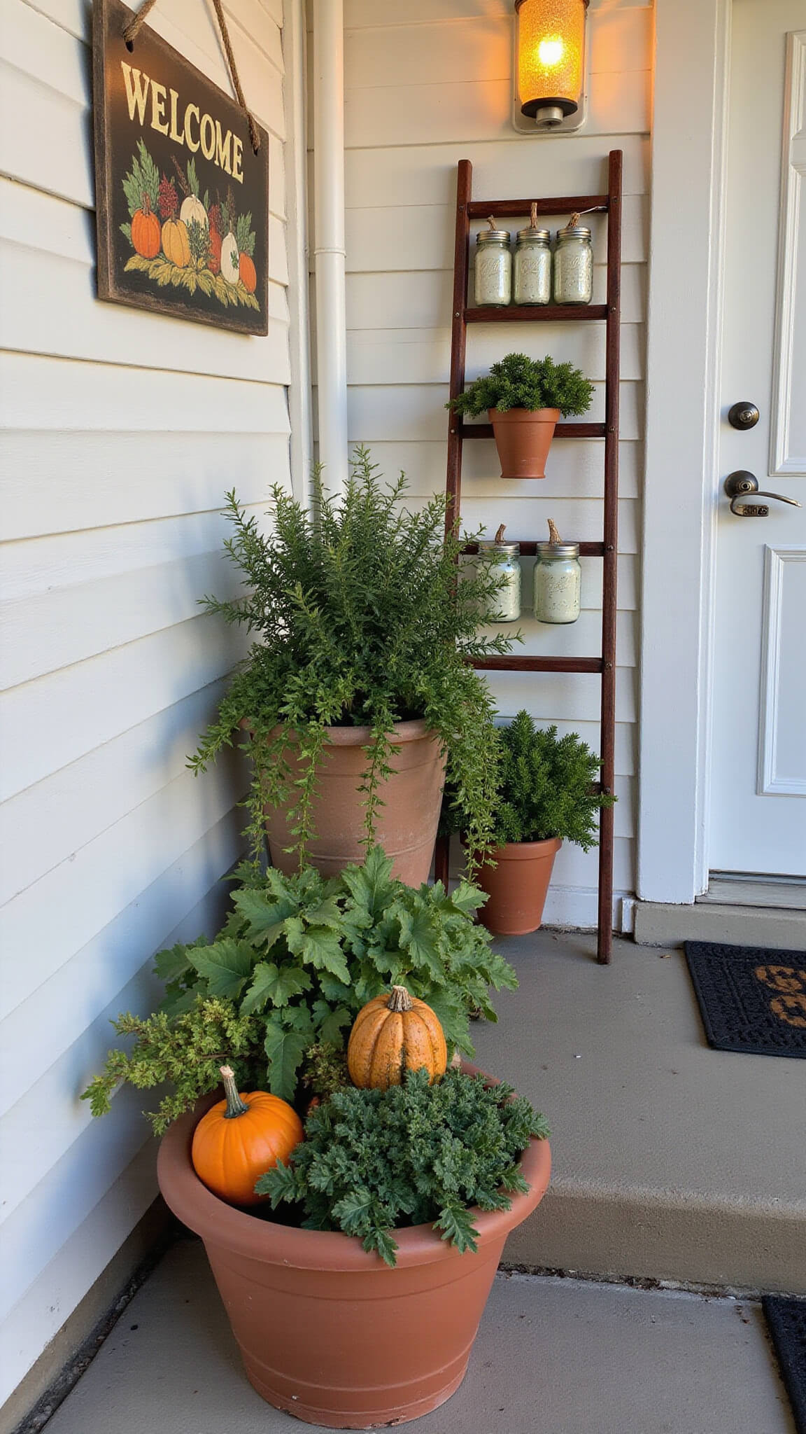 Whimsical fall garden porch with terracotta pots of ivy and flowering kale, vintage ladder with gourds and lit mason jars, and handpainted welcome sign by a white craftsman door at golden hour.