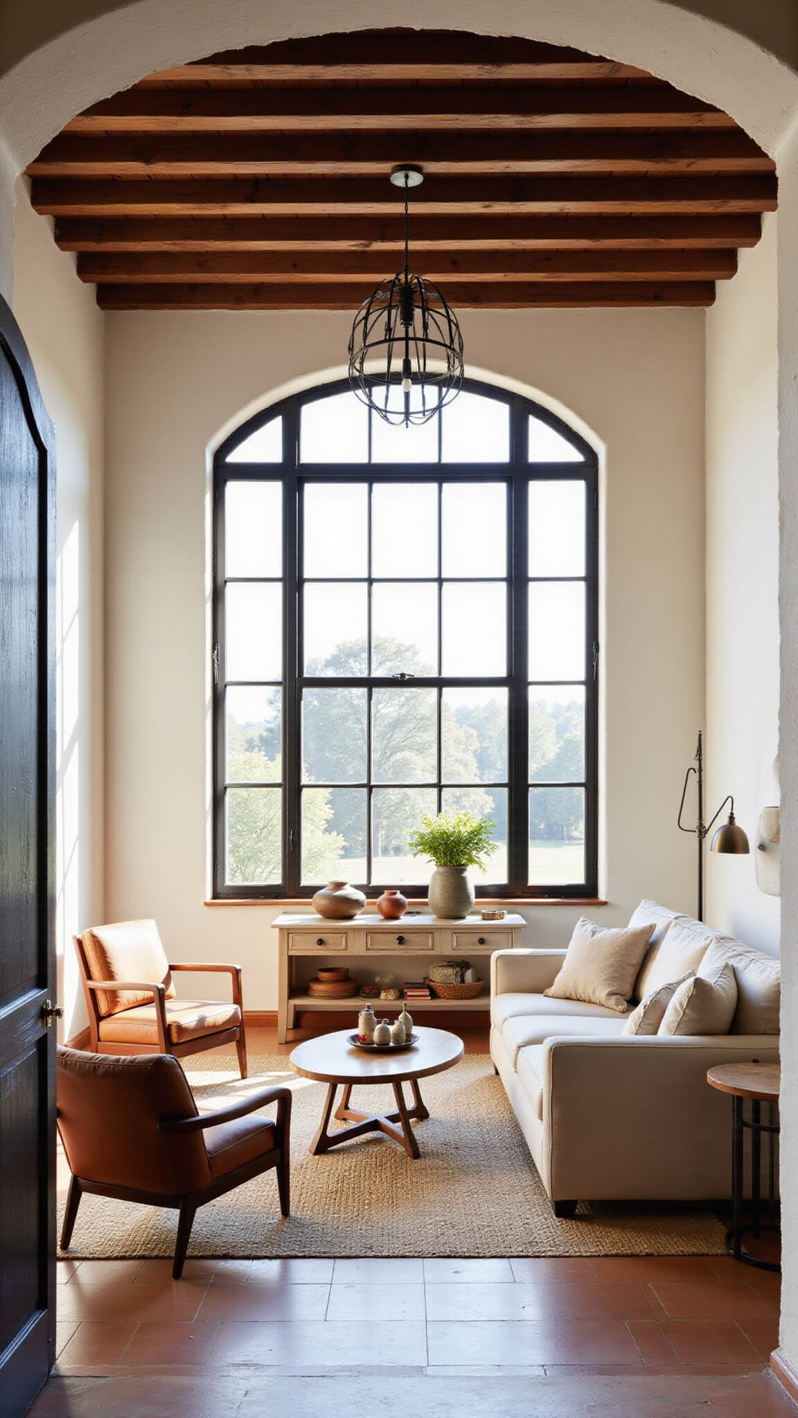 Sunlit living room with arched black-framed windows, cream linen sectional, Spanish leather armchair, jute rug, and terracotta tiled floor under exposed wooden beams.