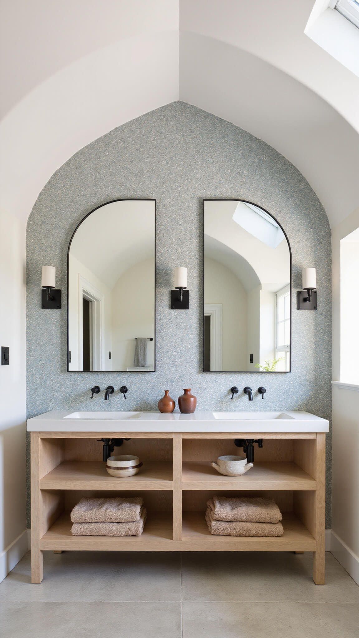 Primary bathroom with curved ivory plaster walls, matte black fixtures, geometric Spanish tile accent wall, floating bleached oak double vanity, arched mirror, limestone flooring, and natural morning light.