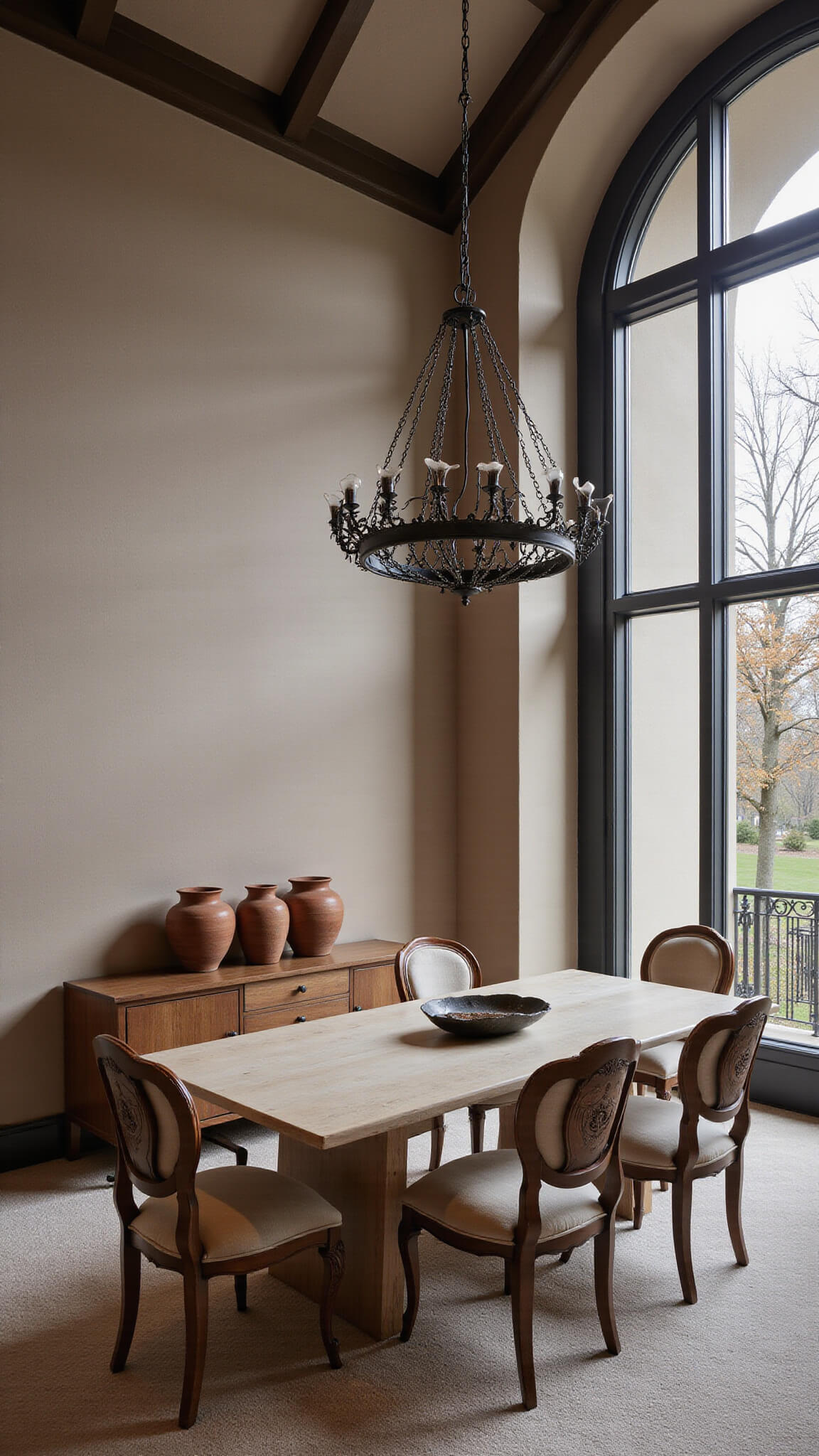 Elegant dining room at dusk with textured greige plaster wall, blackened steel chandelier, white oak table, vintage and modern chairs, arched window with sheer drapery, and terracotta vessels on minimal credenza.