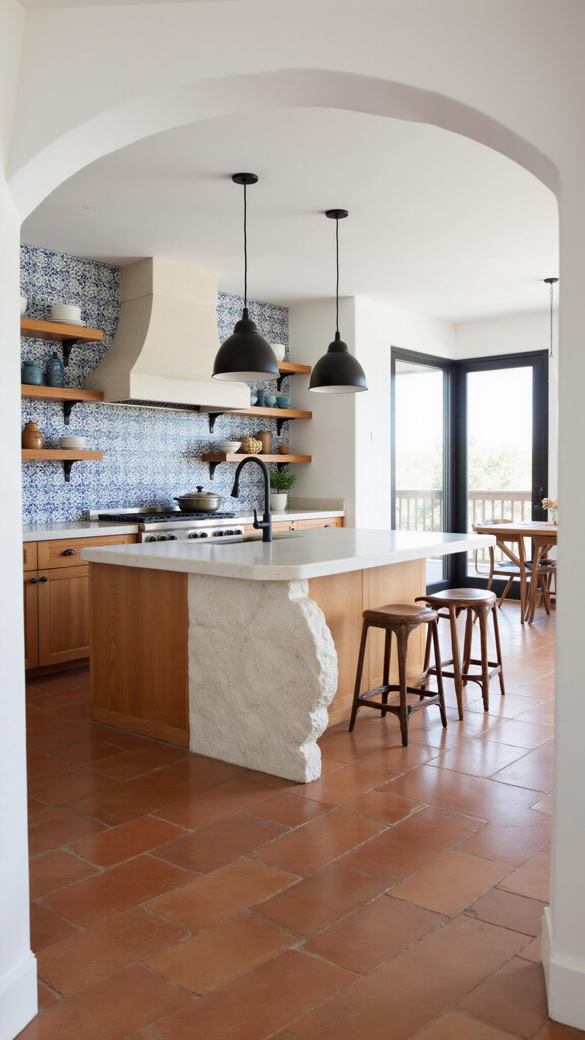 Transitional 16x20ft kitchen with white plaster walls, terra cotta floor tiles, oak cabinetry, Spanish tile backsplash, limestone island, and open shelving in bright morning light.