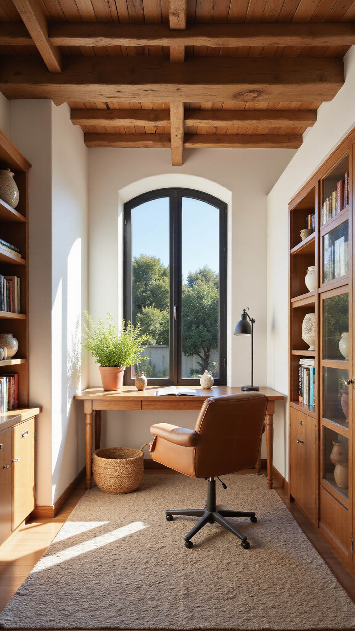 Home office with walnut desk, vintage leather chair, and arched window overlooking Mediterranean garden at golden hour.