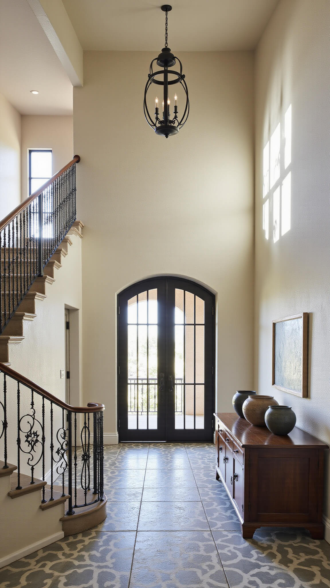 Elegant 10x12ft entry with curved staircase, wrought iron railings, ivory plaster walls, arched metal and glass door, vintage Spanish console, geometric cement tile floor, and blackened steel pendant lantern.