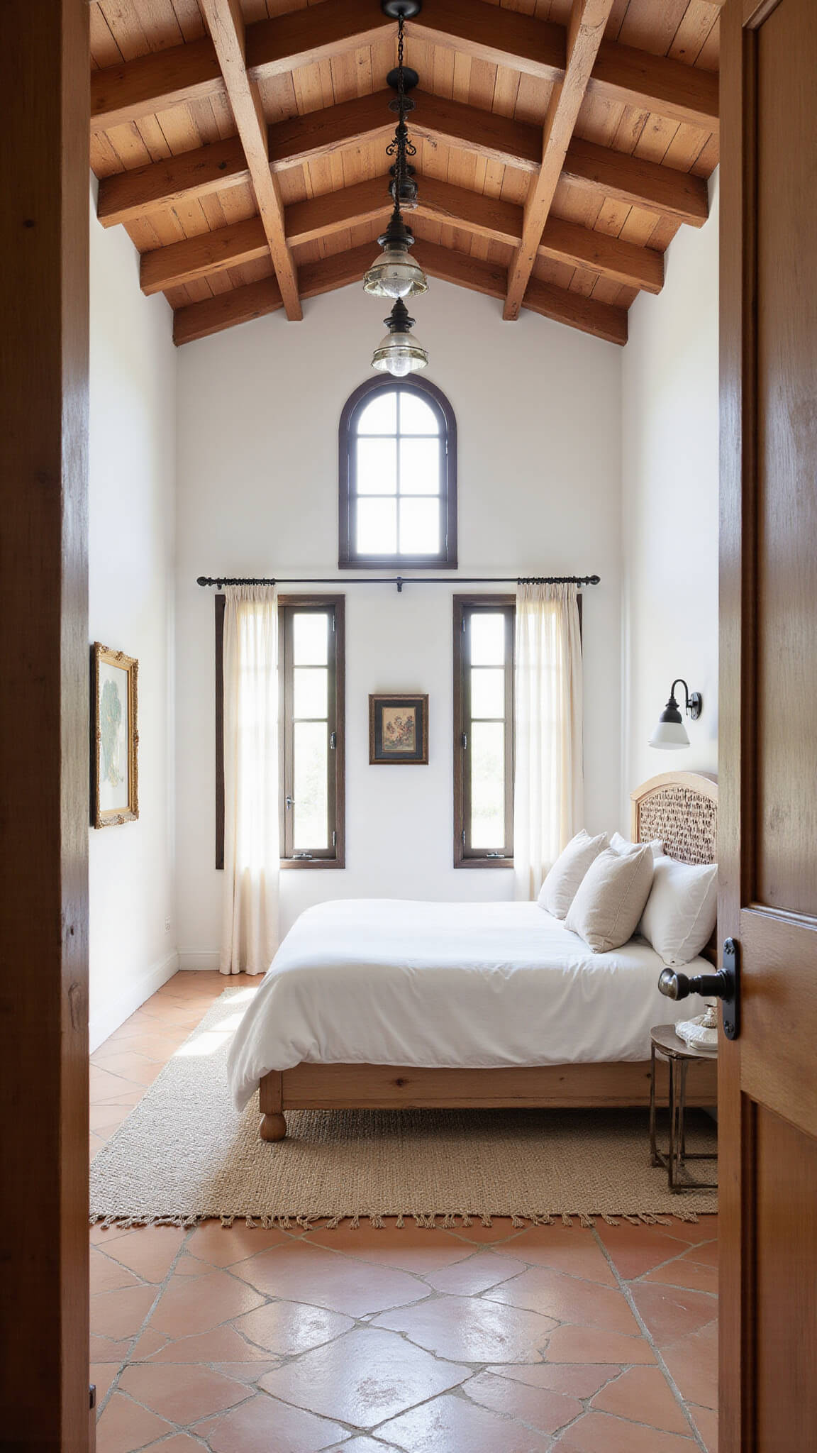 Serene primary bedroom at dawn with restored wooden beams, modern oak platform bed, arched windows, and terracotta tile flooring.