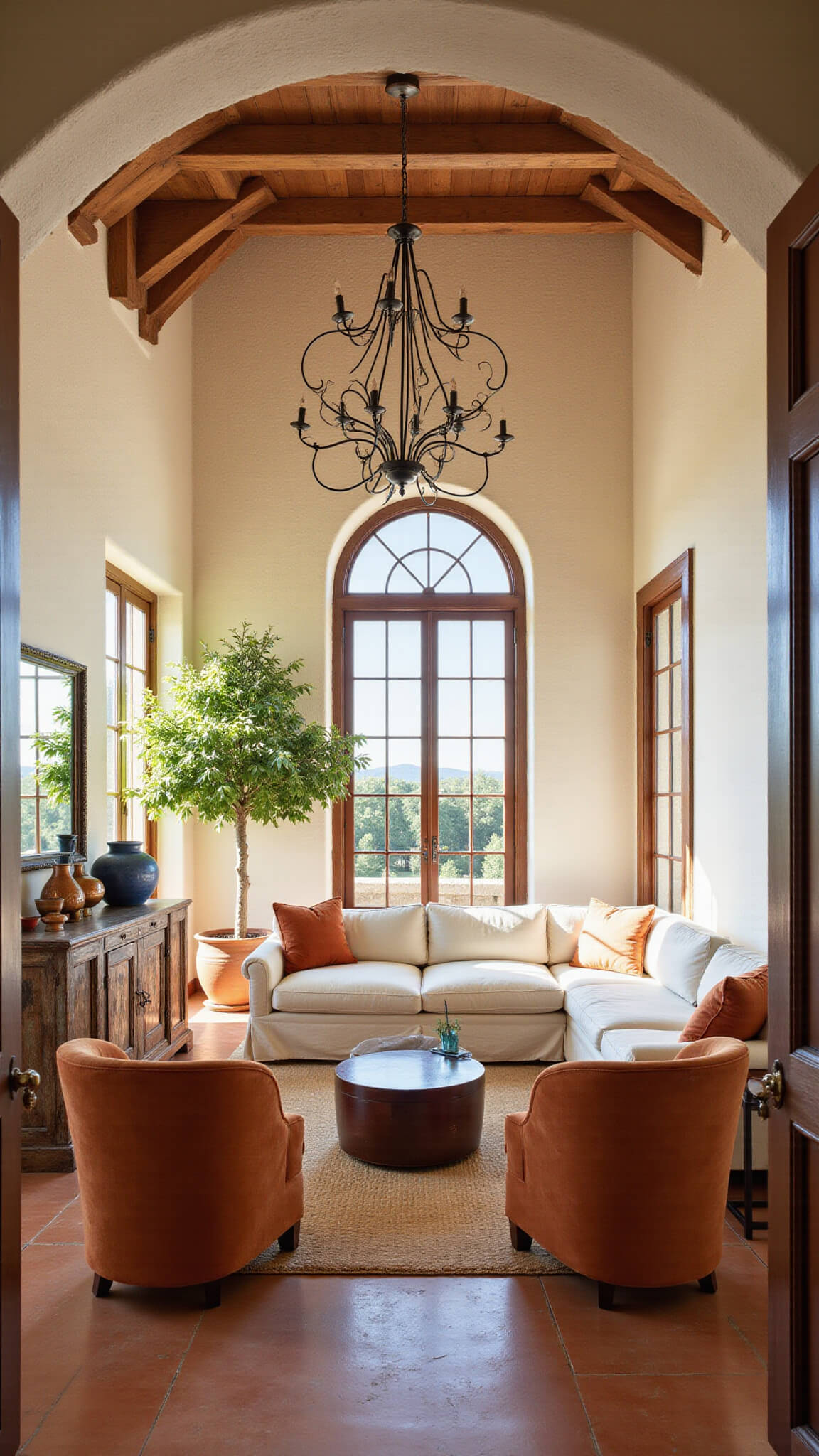 Mediterranean living room with vaulted ceilings, exposed wooden beams, and terracotta floors; cream linen sofa, rust velvet armchairs, arched windows, potted olive tree, and vintage decor in warm golden hour light.