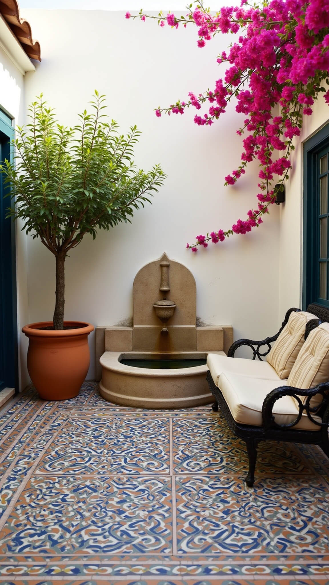 Bird's eye view of a serene 15x15 Mediterranean courtyard with patterned tile flooring, central stone fountain, lemon tree in ceramic pot, wrought iron bistro set, and pink bougainvillea climbing a white stucco wall in soft morning light.