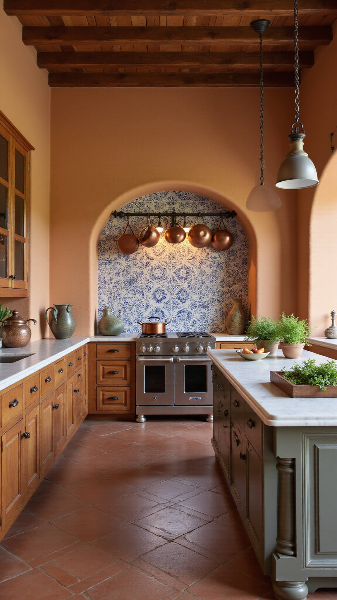 Mediterranean kitchen at twilight with ochre Venetian plaster walls, blue and white tile backsplash, arched cooking alcove, exposed wooden beams, copper pots, marble island, terracotta floors, and rustic elegant lighting.
