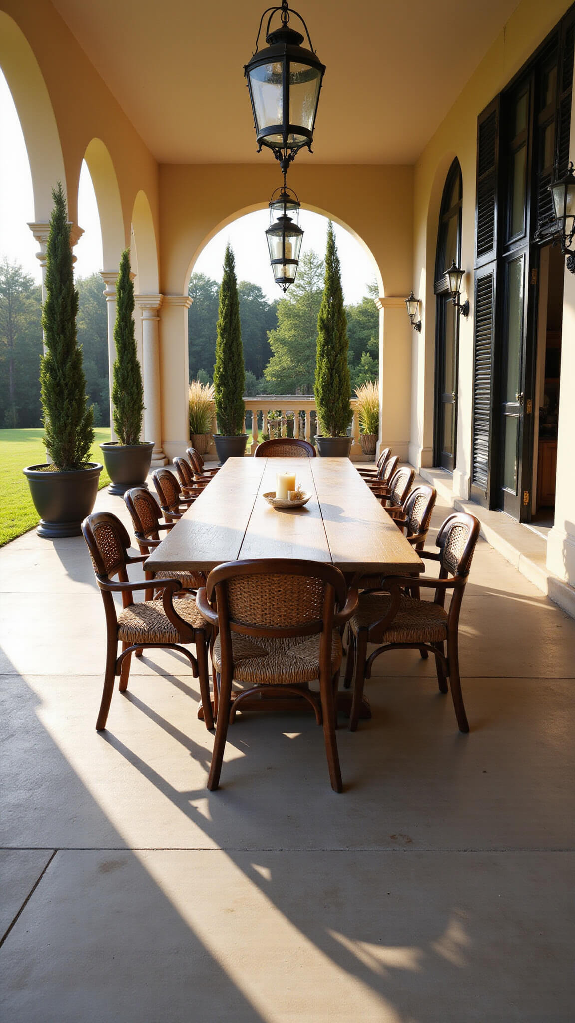 Mediterranean loggia with long rustic dining table, arched colonnade, limestone flooring, and golden hour lighting.