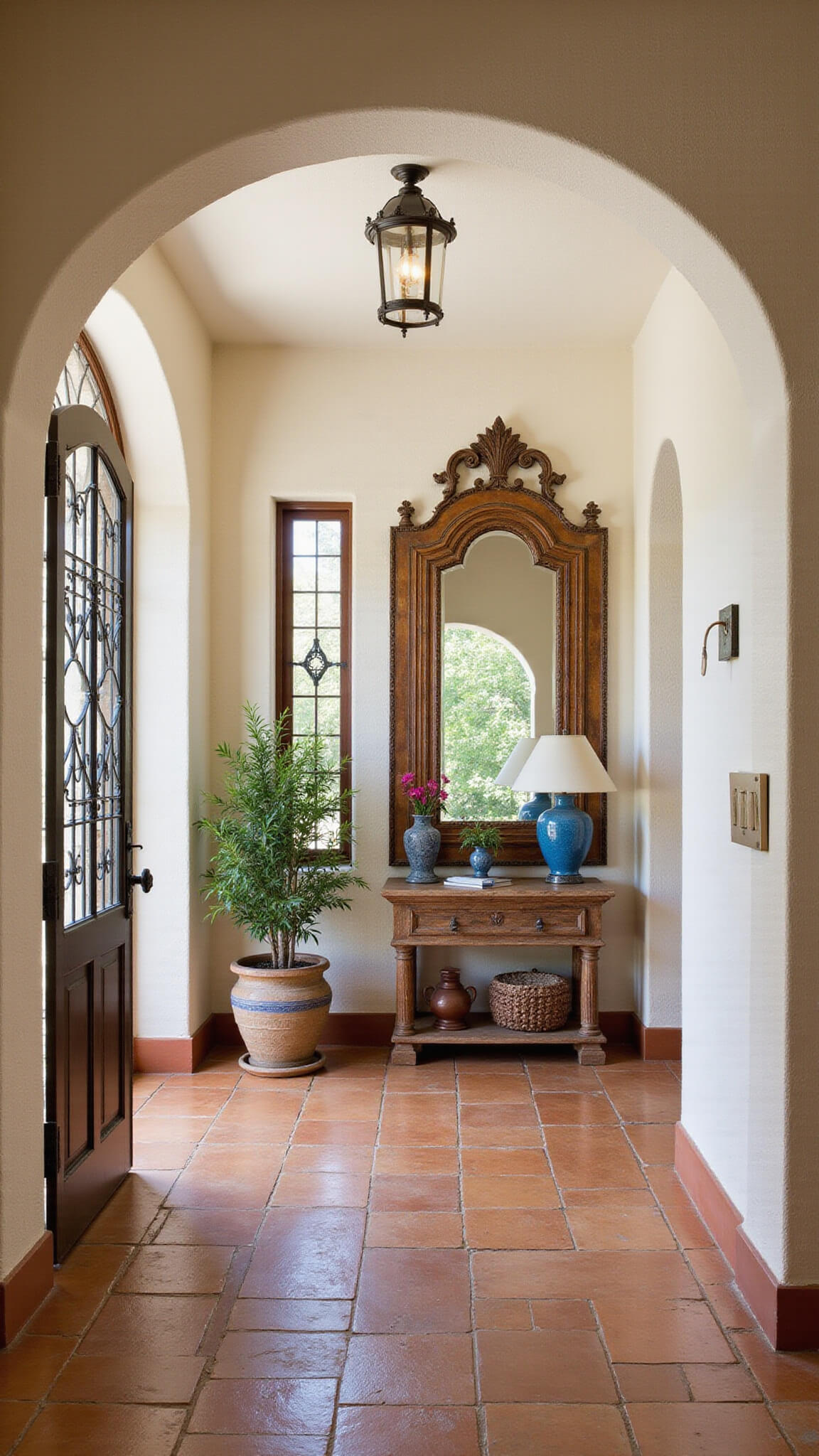 Mediterranean entrance hall with arched wrought iron doorway, warm white stucco walls, antique terracotta tiles, ornate copper-framed mirror, distressed wood console table with blue ceramic lamp, and potted olive tree in soft late-day lighting.