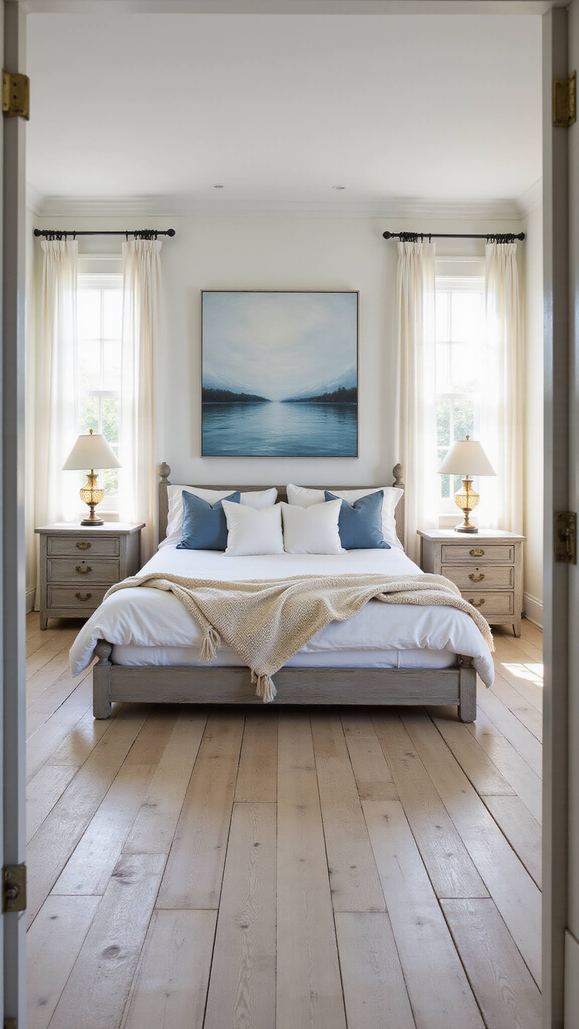 Coastal bedroom with whitewashed oak floors, gray wood platform bed in white and blue linens, sheer curtains, seascape art, and golden morning light through floor-to-ceiling windows.