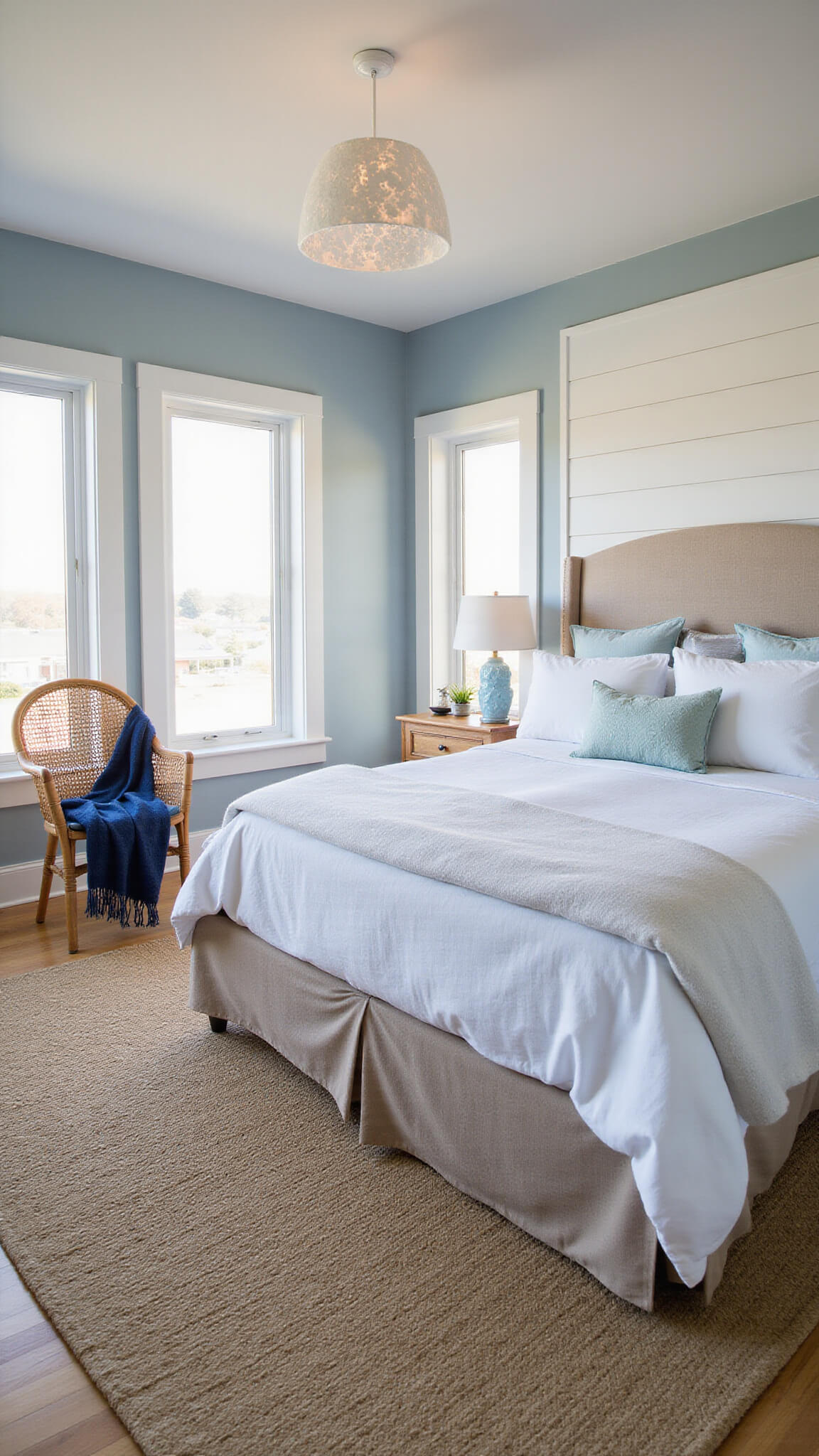 Coastal bedroom with sea salt blue-gray walls, shiplap accent, king bed under capiz chandelier, layered ocean-toned bedding, seagrass rug, and rattan chair, captured at sunset.