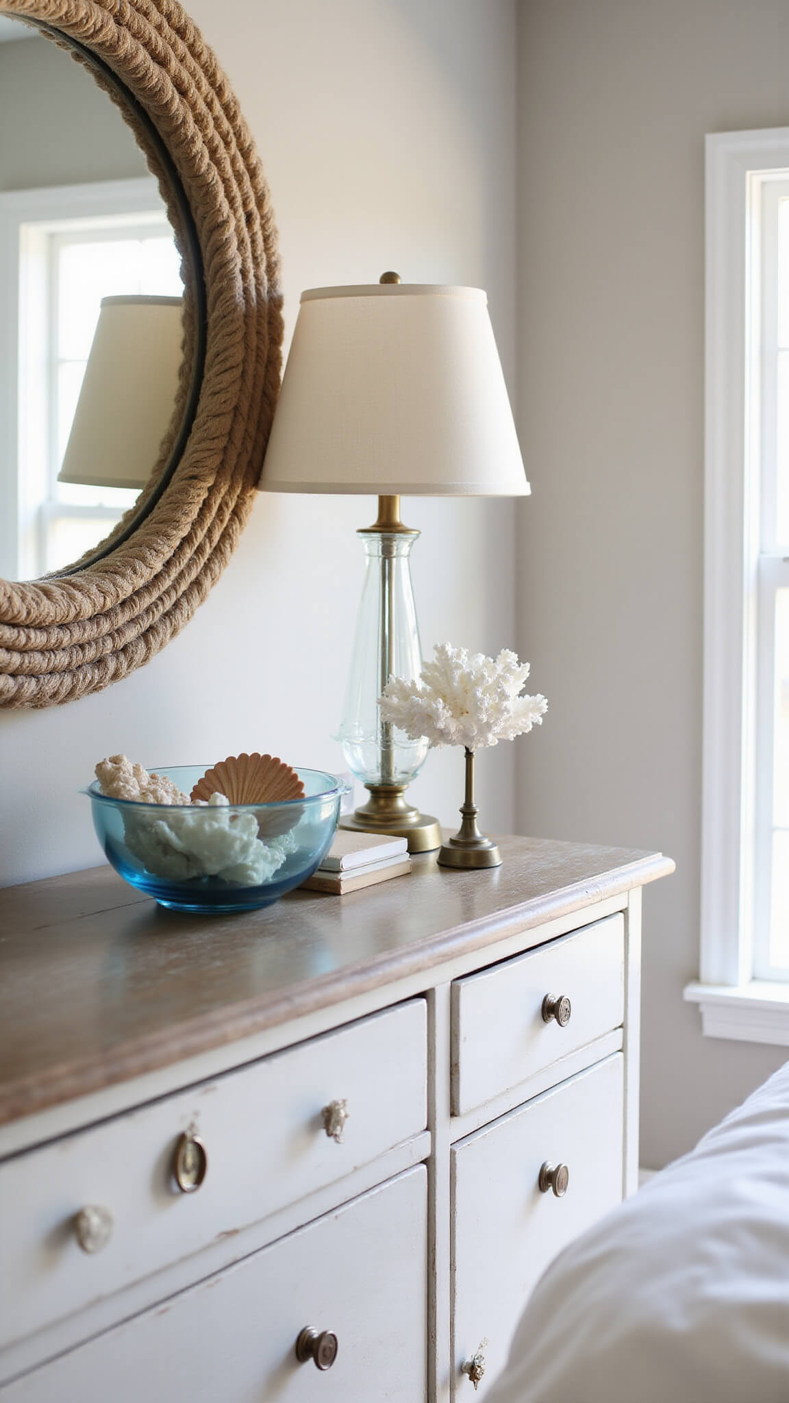 Coastal bedroom dresser with rope mirror, glass lamp, shells in blue bowl, and coral on brass stand in soft natural light.