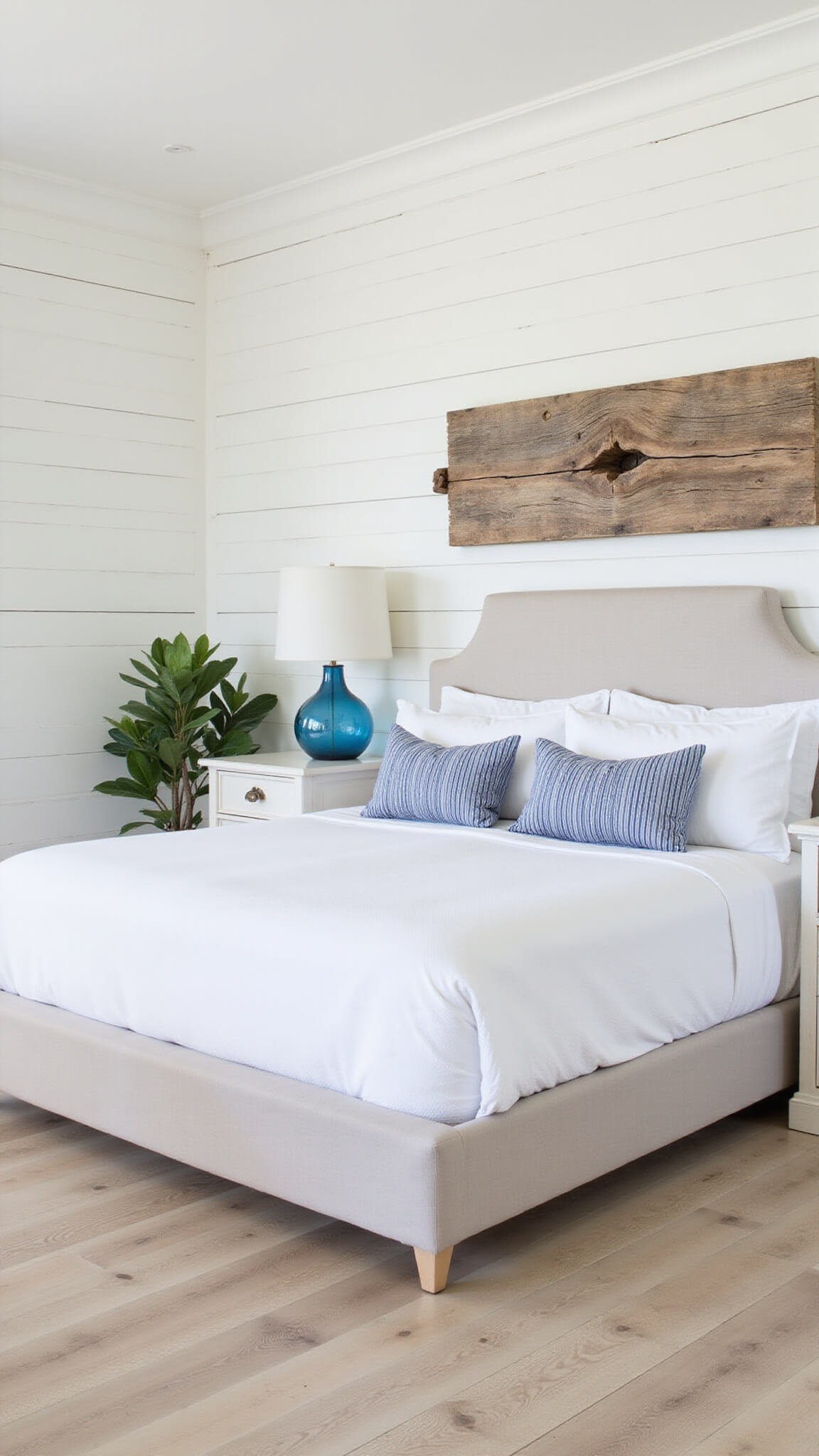 Coastal master bedroom with white shiplap walls, pale oak floors, California king bed in white linen, blue accents, driftwood art, and natural light.