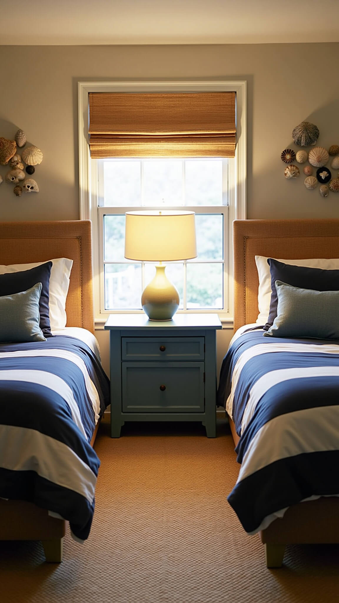 Cozy coastal-themed guest room at dusk with twin beds, striped bedding, rattan headboards, and warm ambient lighting.