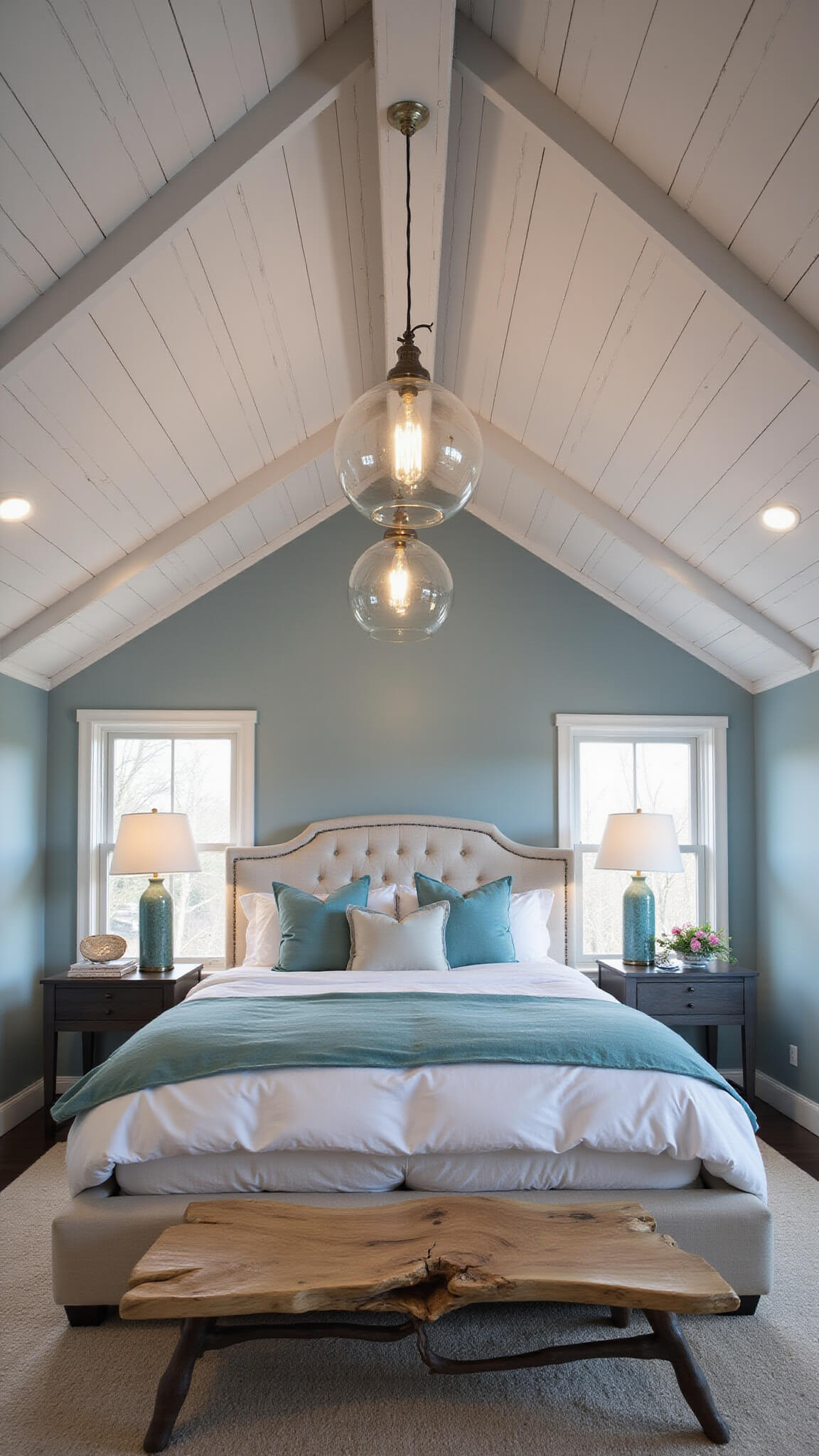 Twilight master suite with cathedral ceiling, pale gray-blue walls, platform bed in sea tones, driftwood bench, and moody coastal lighting.