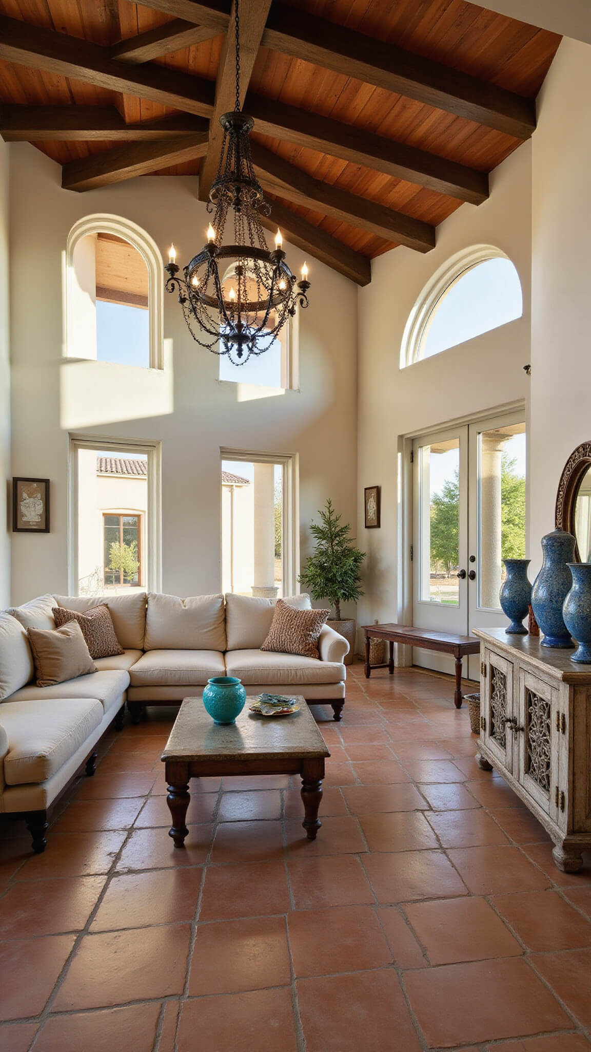 Mediterranean living room with terracotta tiles, beige sectional, arched windows, and golden hour light filtering through; features exposed wood beams, carved coffee table, iron chandelier, and olive tree.