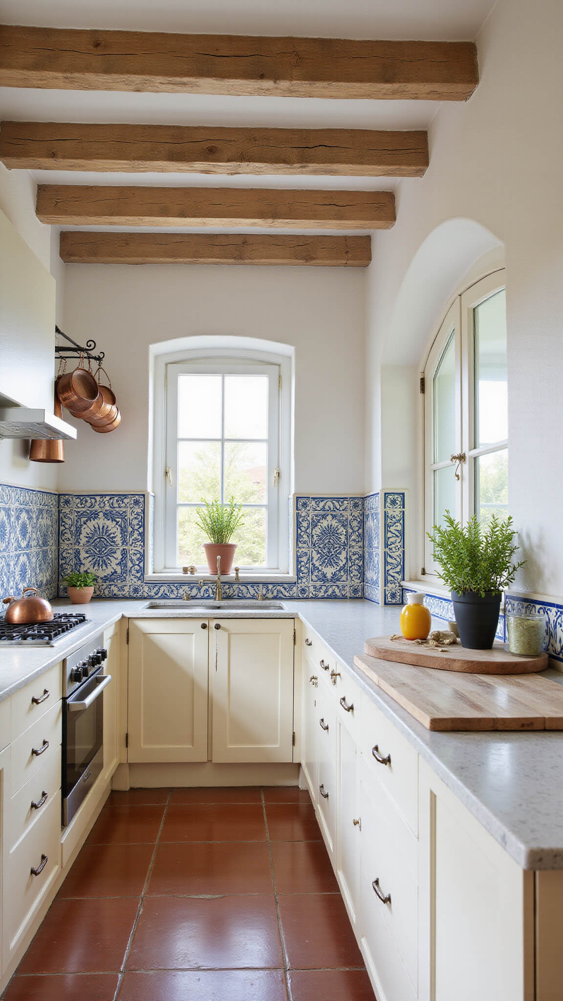Cozy Mediterranean kitchen with cream cabinets, blue and white tile backsplash, copper pots, terracotta floor, wooden ceiling beams, and arched French doors opening to a sunlit courtyard.