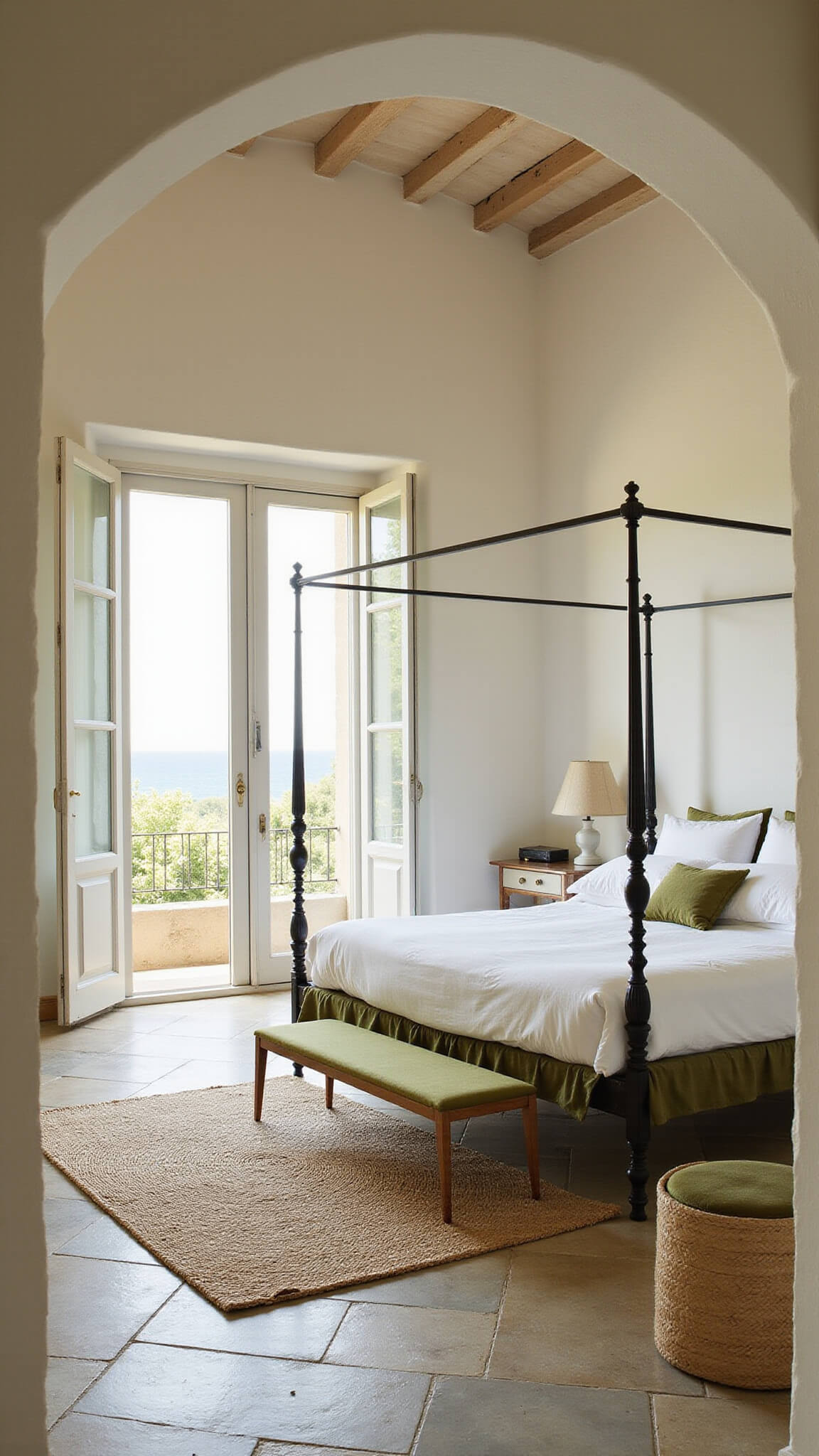 Mediterranean bedroom with vaulted ceiling, iron four-poster bed, sea-view balcony, and soft dawn light.
