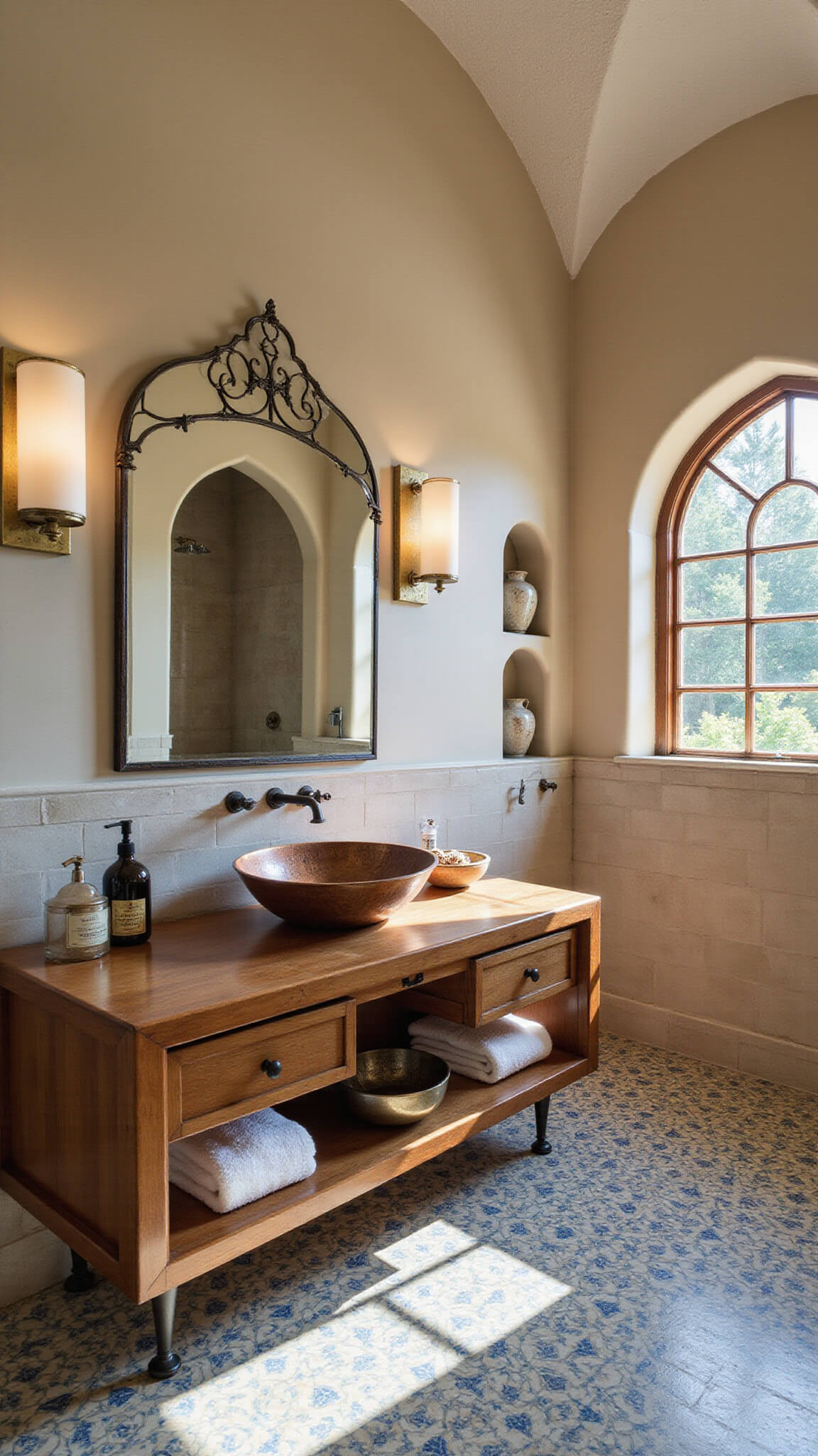 Mediterranean-style bathroom with Moroccan tile floor, wooden vanity, copper sink, arched iron-framed mirror, stucco walls, and soft daylight.