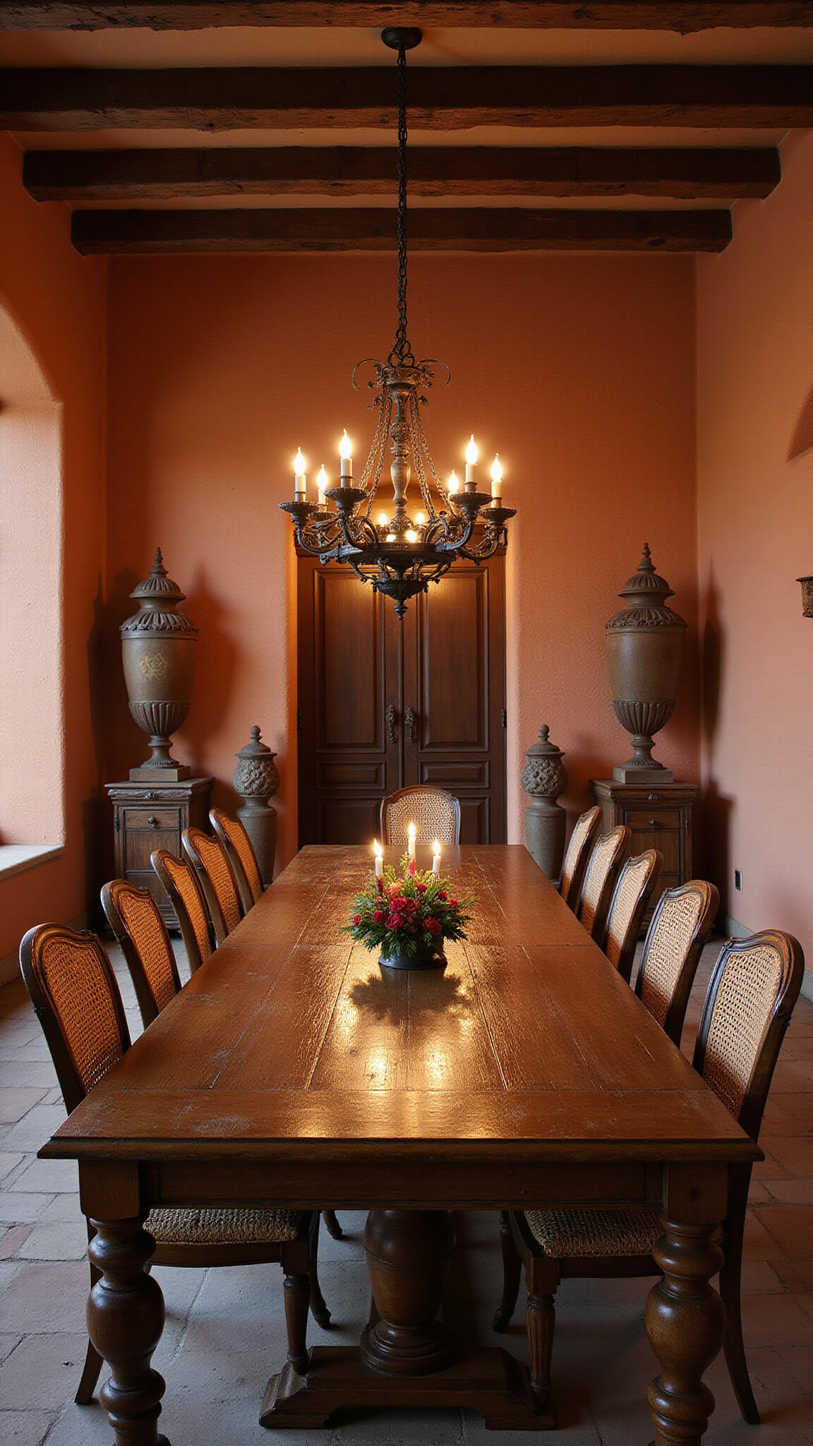Romantic Mediterranean dining room with terracotta walls, wooden beam ceiling, iron chandelier over large carved table, rustic chairs, olive oil urns, and warm candlelit ambiance.