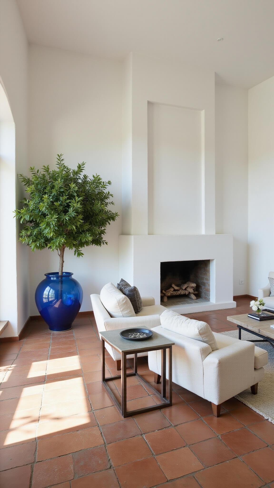 High-angle view of a contemporary 18x22ft Mediterranean great room with white stucco walls, terracotta floors, modern low-profile linen furniture, oversized blue glass vessels, a mature indoor lemon tree, and bright natural lighting highlighting floor patterns.