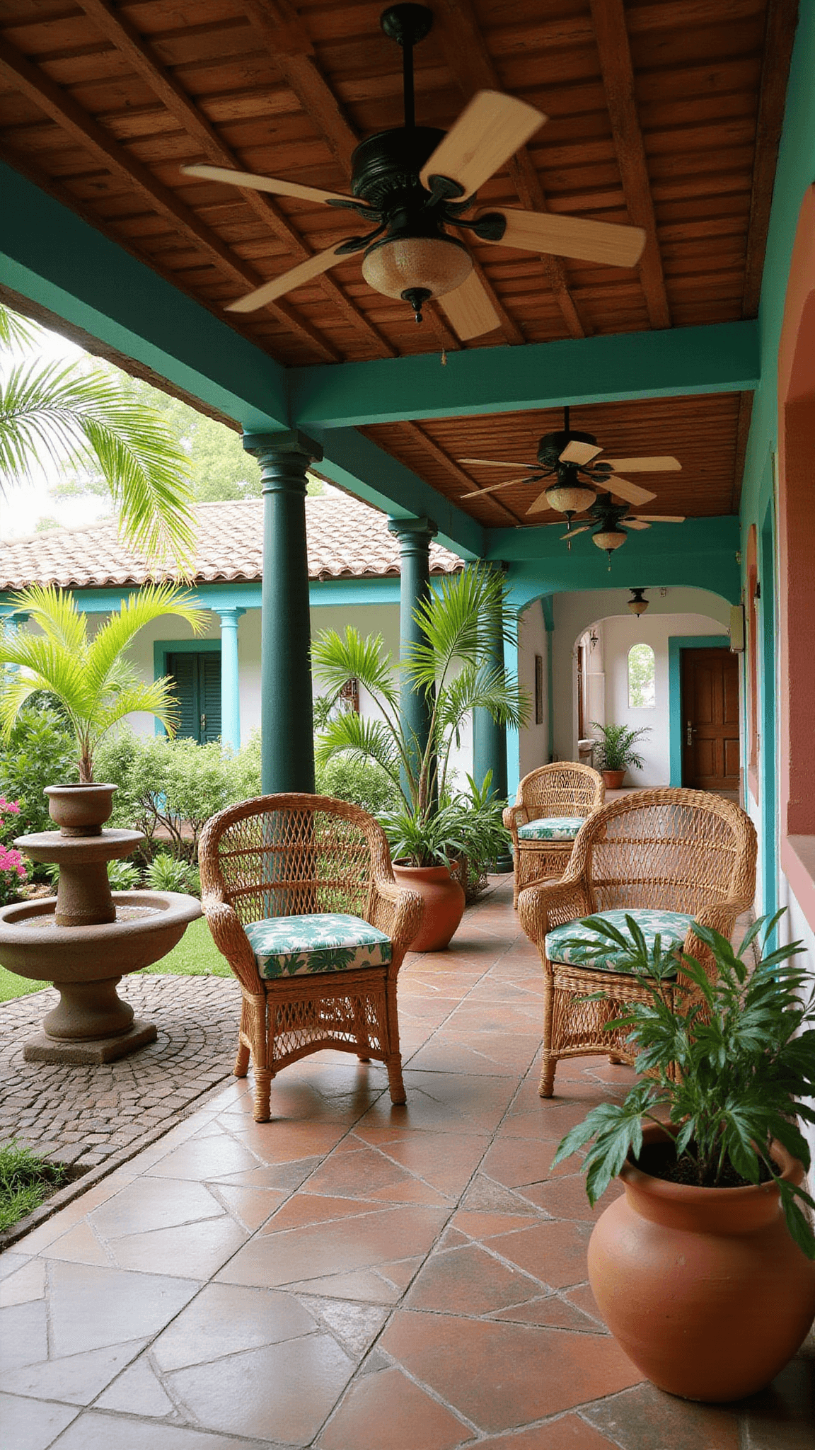 Tropical colonial courtyard with rattan peacock chairs, terracotta pots of lush foliage, a limestone fountain, and Cuban tile flooring under dappled midday sunlight.