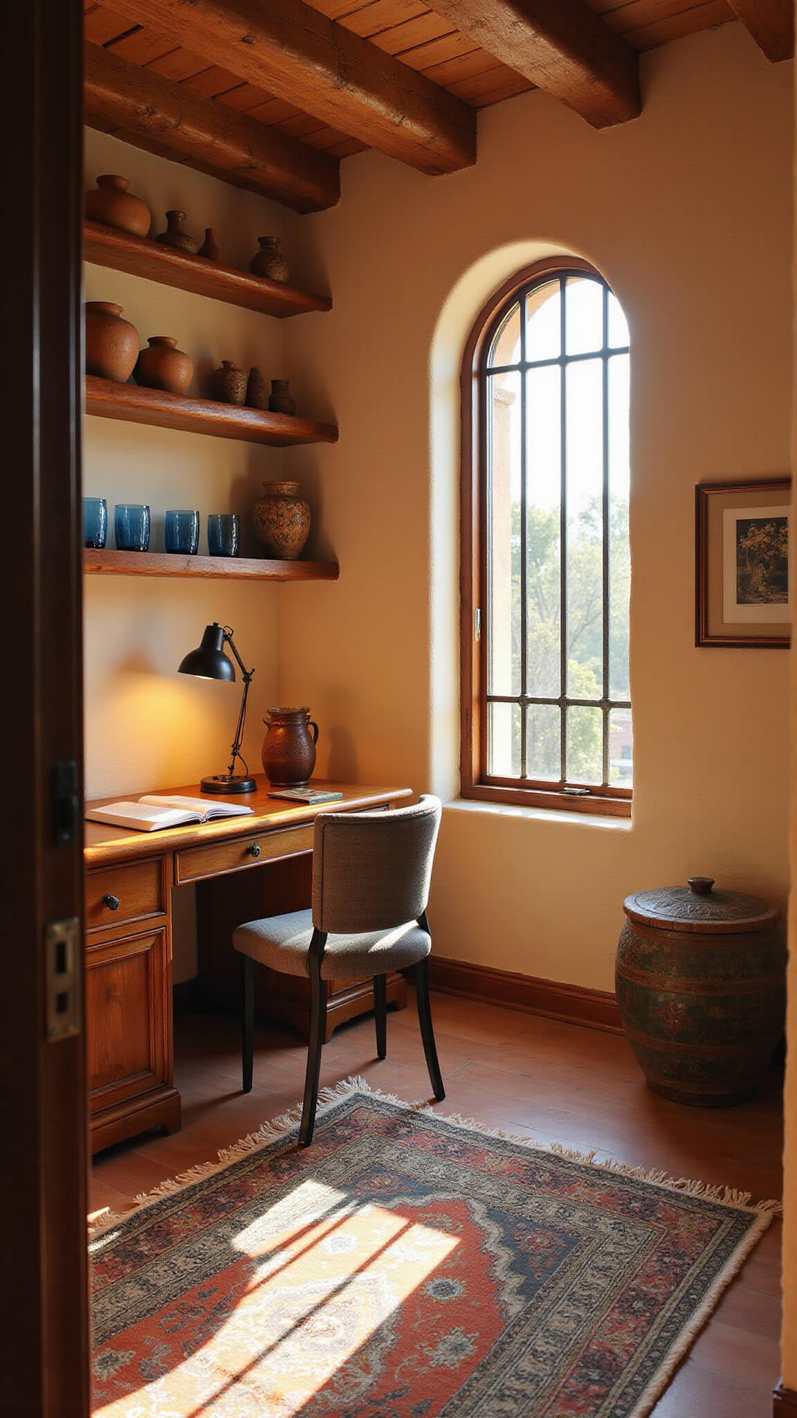 Cozy Mediterranean home office corner with arched window, antique desk, Moroccan rug, and warm sunset lighting.