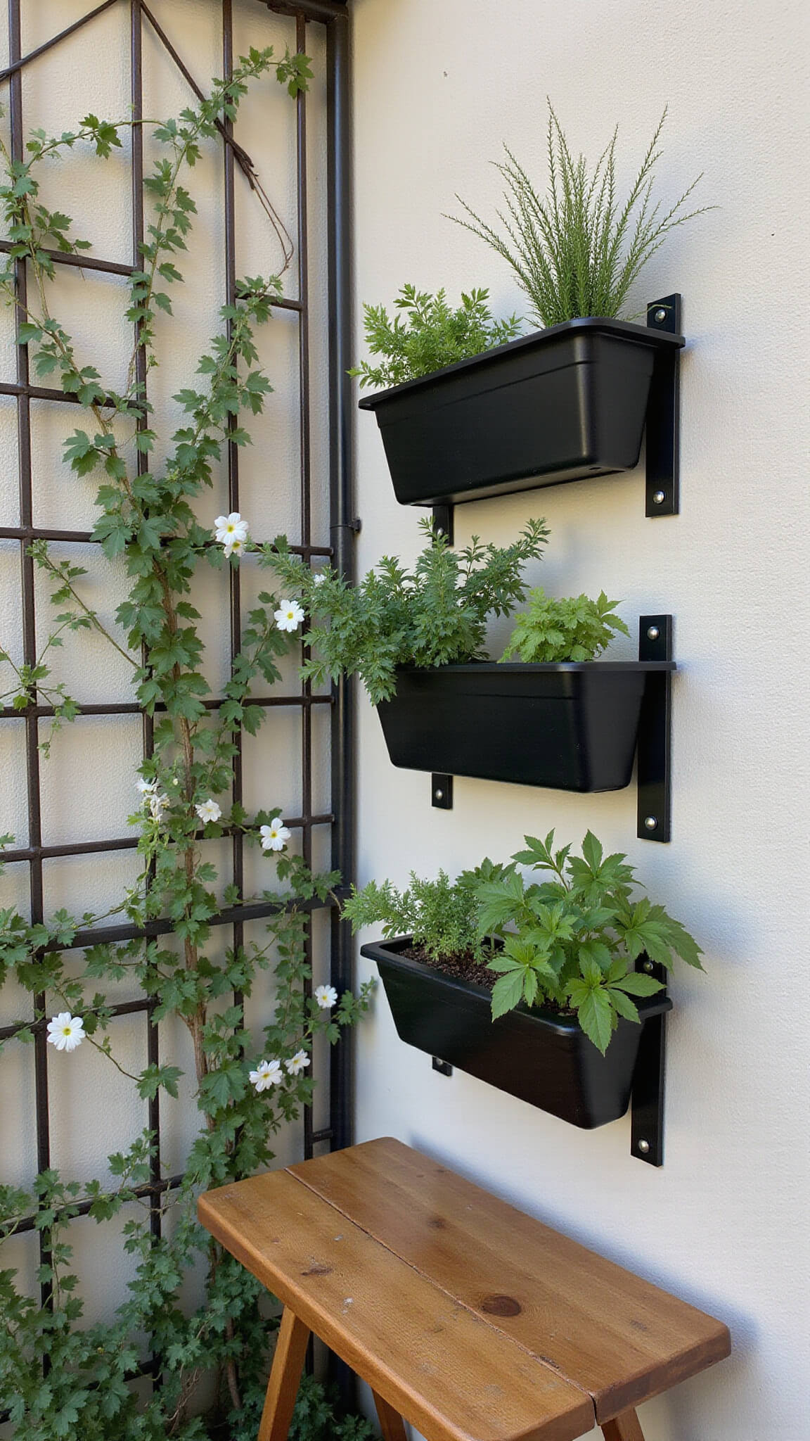 Three-tiered wall-mounted herb garden with black planters and flowering climbers on metal trellis, beside foldable teak bar table in dappled mid-afternoon light.