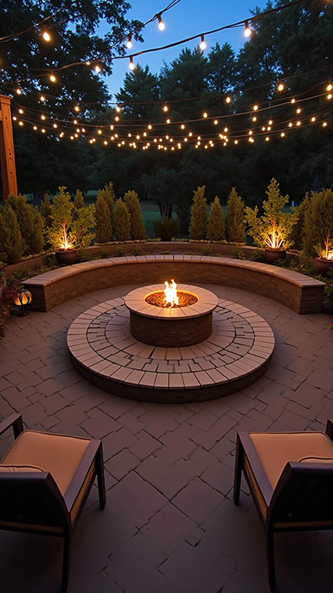 Evening patio with central fire pit, built-in wooden bench seating, string light canopy, and glowing container gardens.