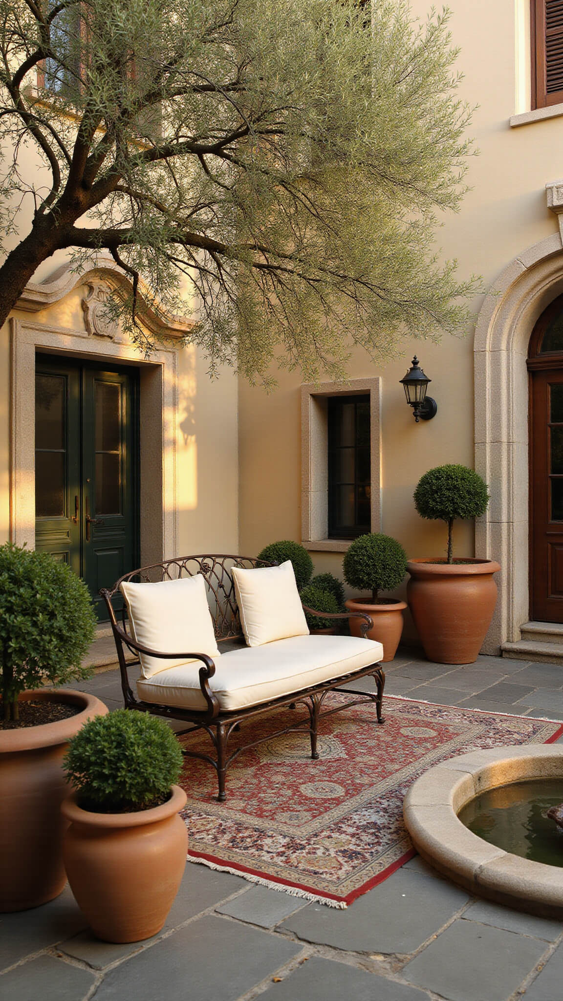 Elevated view of a sunlit traditional courtyard with limestone pavers, olive tree shadows, wrought iron furniture on a Persian rug, terra cotta pots with greenery, a stone fountain, and classical limestone columns at golden hour.