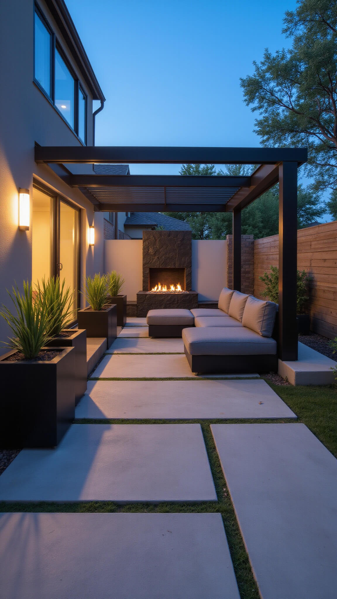 Modern twilight courtyard with geometric concrete pavers, charcoal sectional under steel pergola, lit desert plants in black planters, linear fire feature on basalt wall, and mixed warm and cool lighting.