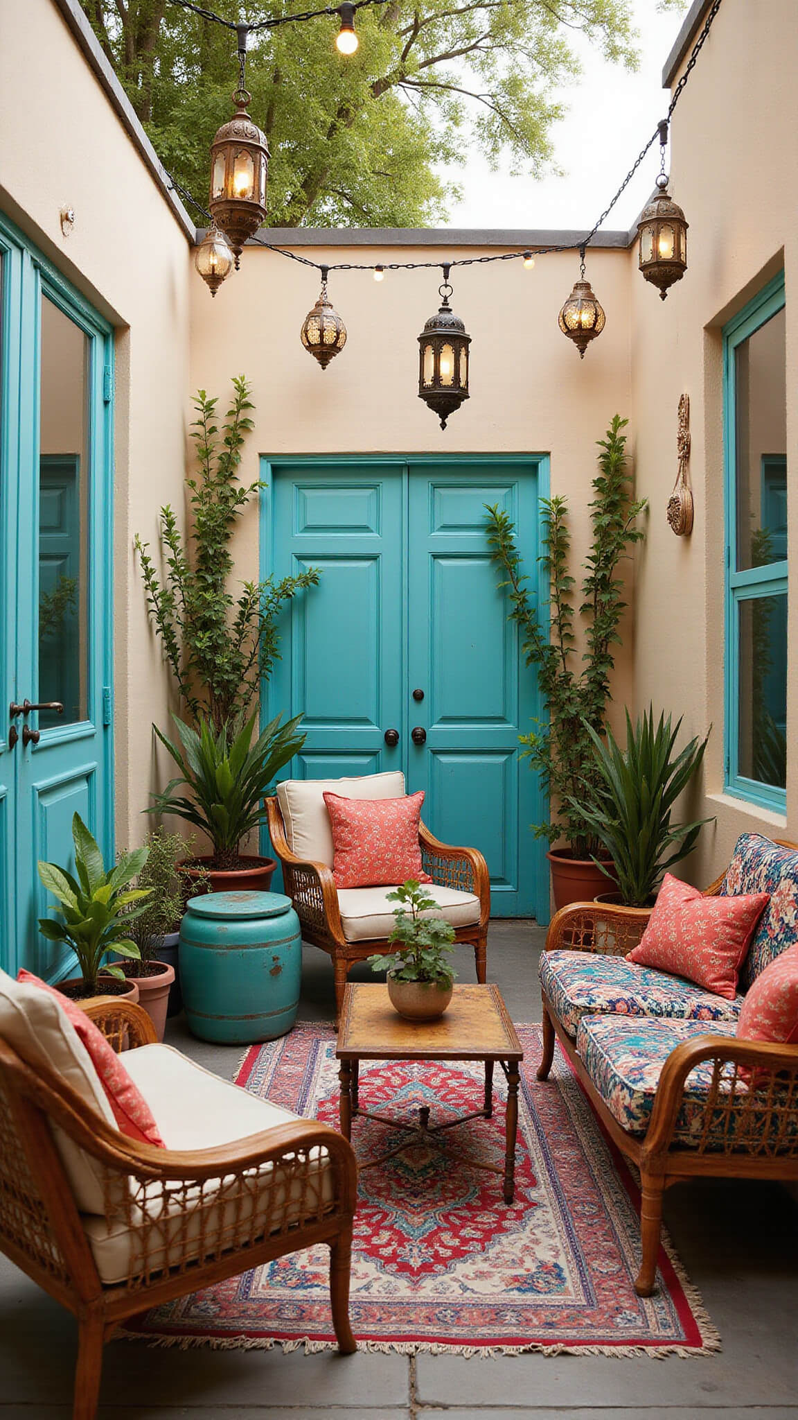 Eclectic courtyard with turquoise vintage doors, hanging Moroccan lanterns, rattan and metal furniture with jewel-toned textiles, lush potted plants, and layered vintage rugs under warm natural and fill lighting.