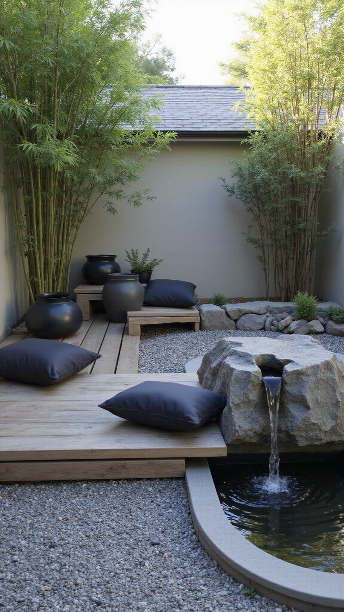 Zen courtyard at dawn with misty bamboo grove, raked gravel, smooth rocks, teak seating, cloud-pruned junipers, and granite water feature.