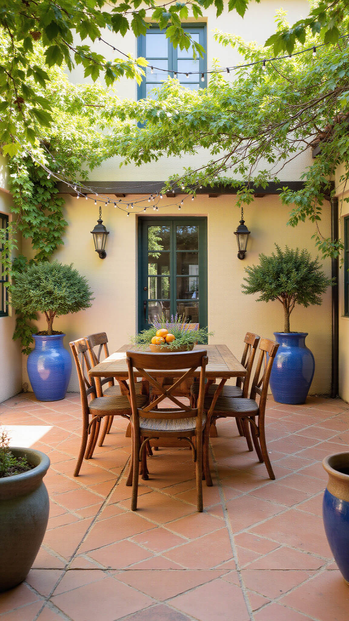 Mediterranean courtyard with terracotta tiles, antique dining table under grapevine canopy, citrus trees in blue and terracotta pots, and string lights overhead in late afternoon light.