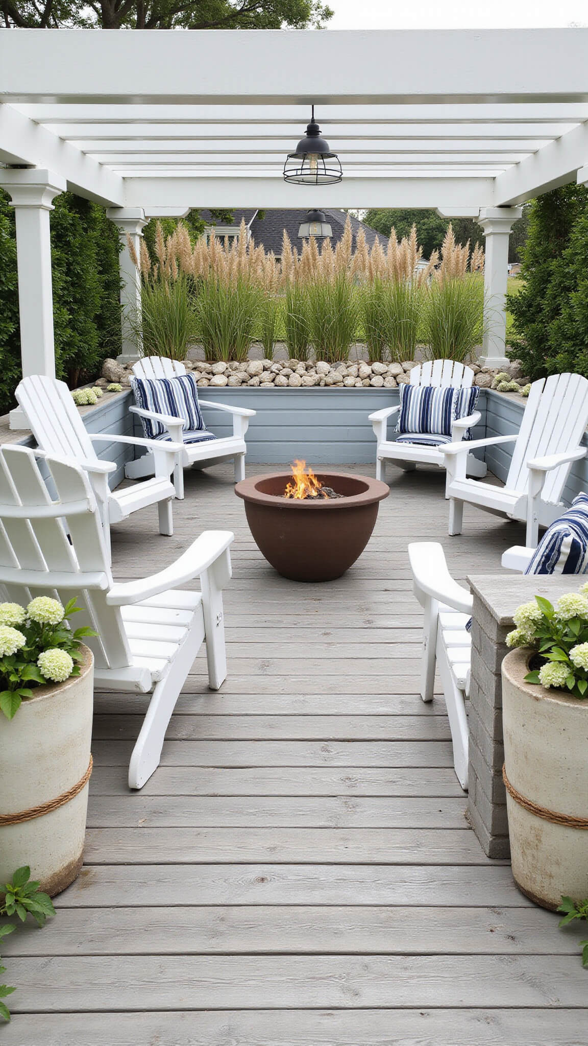 Coastal courtyard with weathered gray deck, white Adirondack chairs around a fire pit, navy-striped cushions, rope-accented benches, marine pendant lights, and tall grasses in planters for privacy.