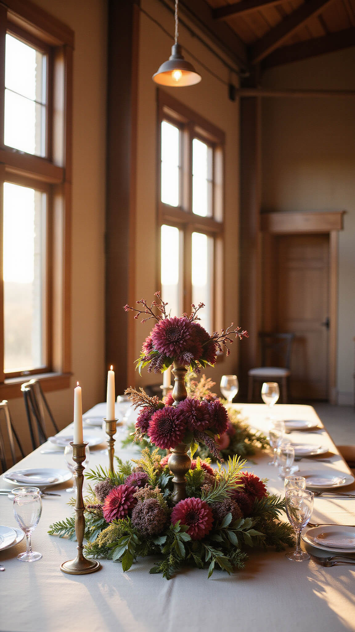 Elegant autumn dining setup in rustic barn with long table, dramatic golden hour light, lush floral centerpiece, and vintage brass candlesticks.