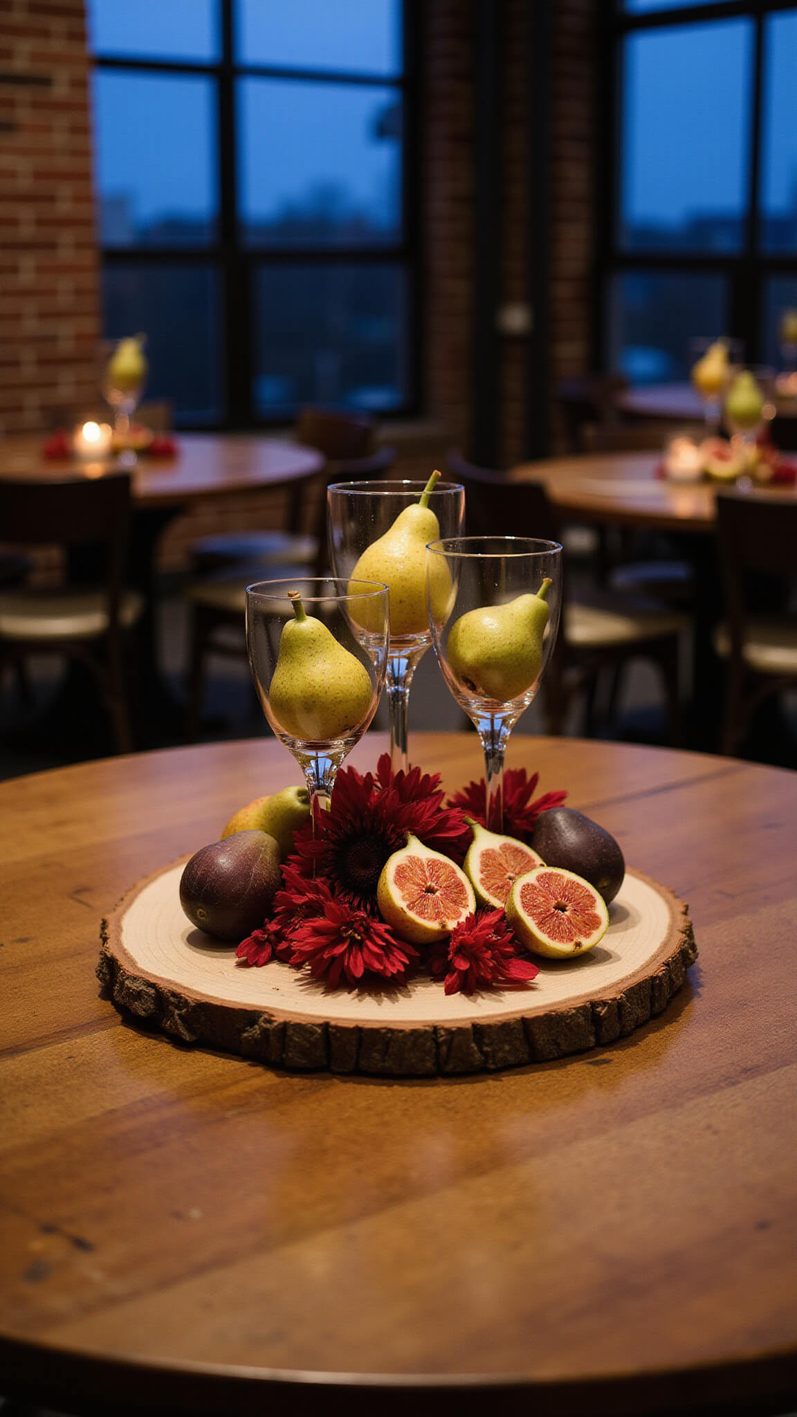 Harvest-themed round reception table with glass vessels of fruit and flowers on rustic wood base, set in industrial loft during blue hour.