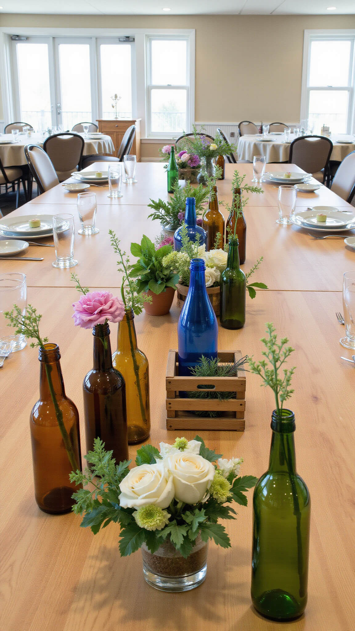 U-shaped ballroom table with colored glass bottle floral arrangements, vintage crates, and glass compotes in natural afternoon light.