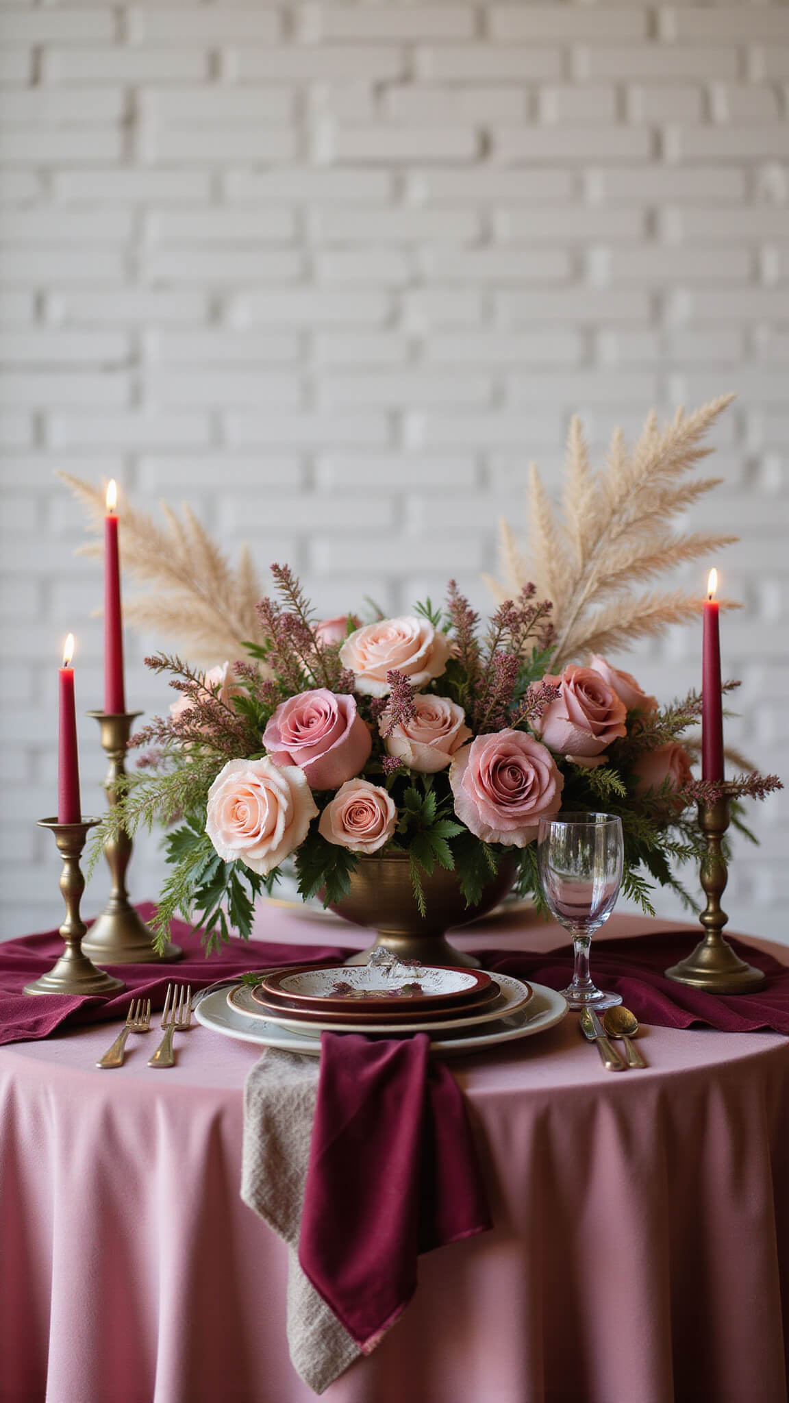 Sweetheart table with burgundy velvet linens, garden roses, candles, and pampas grass against textured white brick wall in warm magic hour lighting.