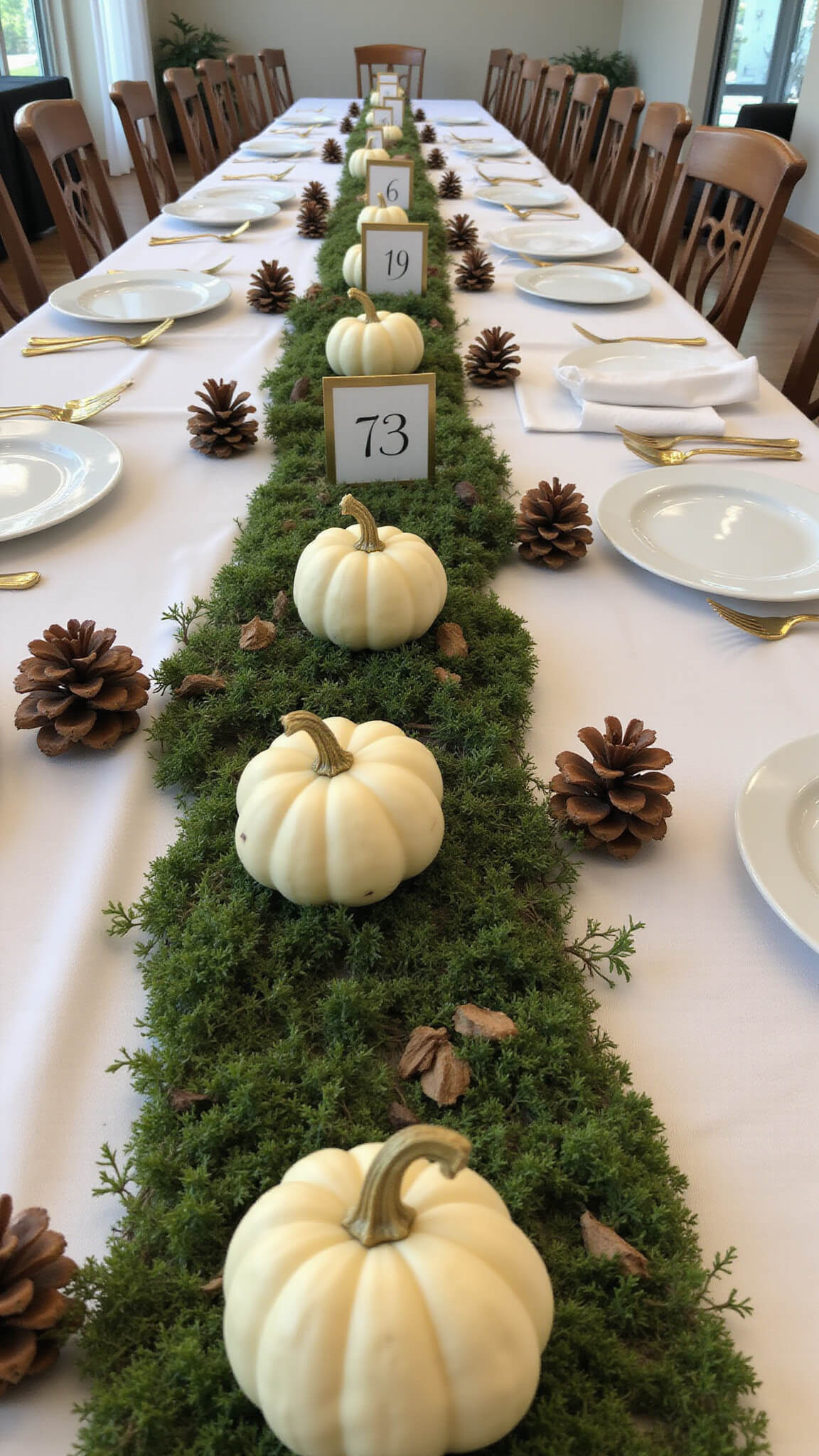 Banquet table with moss and greenery runner, mini white pumpkins with gold calligraphy, pine cone table number holders, and vintage gold flatware under natural skylight lighting.
