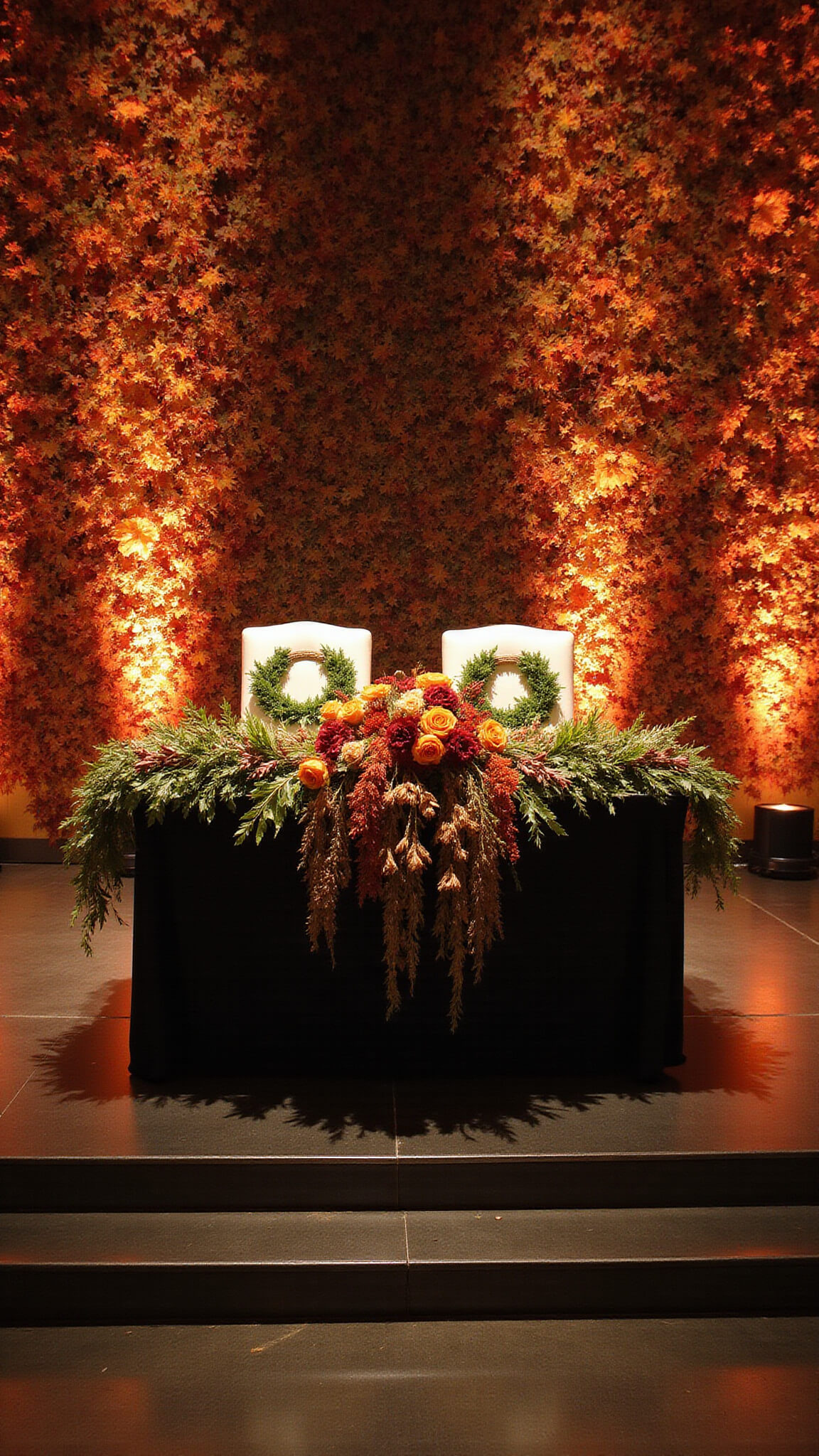 Elevated head table with cascading autumn flower garland, dramatic asymmetrical foliage backdrop, and spotlighted couple's chairs adorned with greenery wreaths at evening reception.