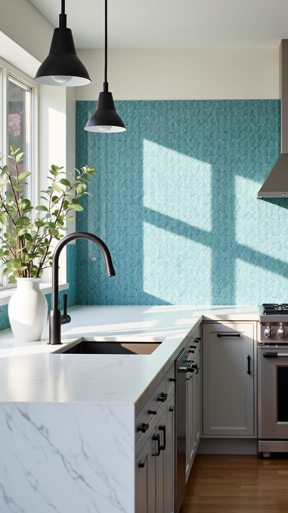 Modern kitchen with floor-to-ceiling blue glass tile backsplash, white quartz countertops, matte black fixtures, and pendant lights casting shadows under cool morning light.
