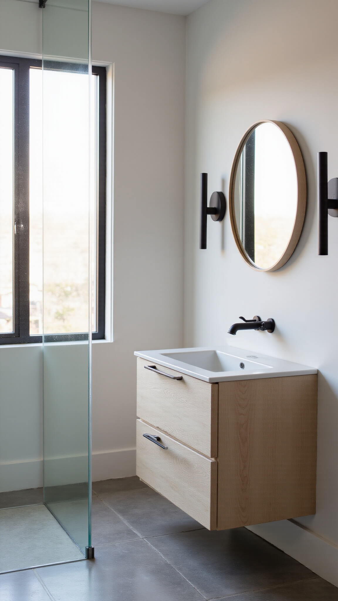 Minimalist 30-square-foot bathroom with floating white oak vanity, backlit round mirror, frameless glass shower, and warm morning light.