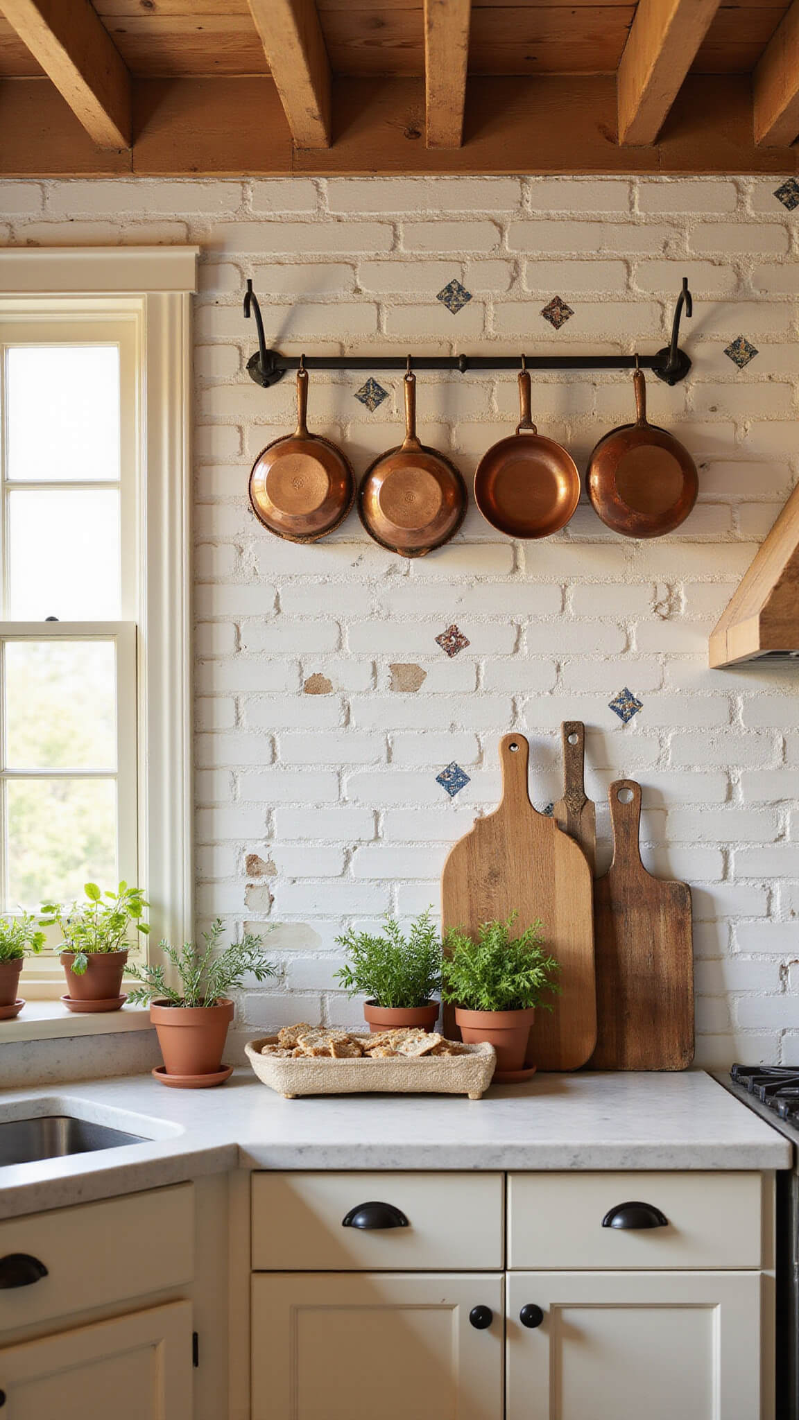 Cozy farmhouse kitchen with cream shaker cabinets, whitewashed brick and decorative tile backsplash, copper pots on iron rack, wooden beams, and terracotta herb pots on windowsill in golden hour light.