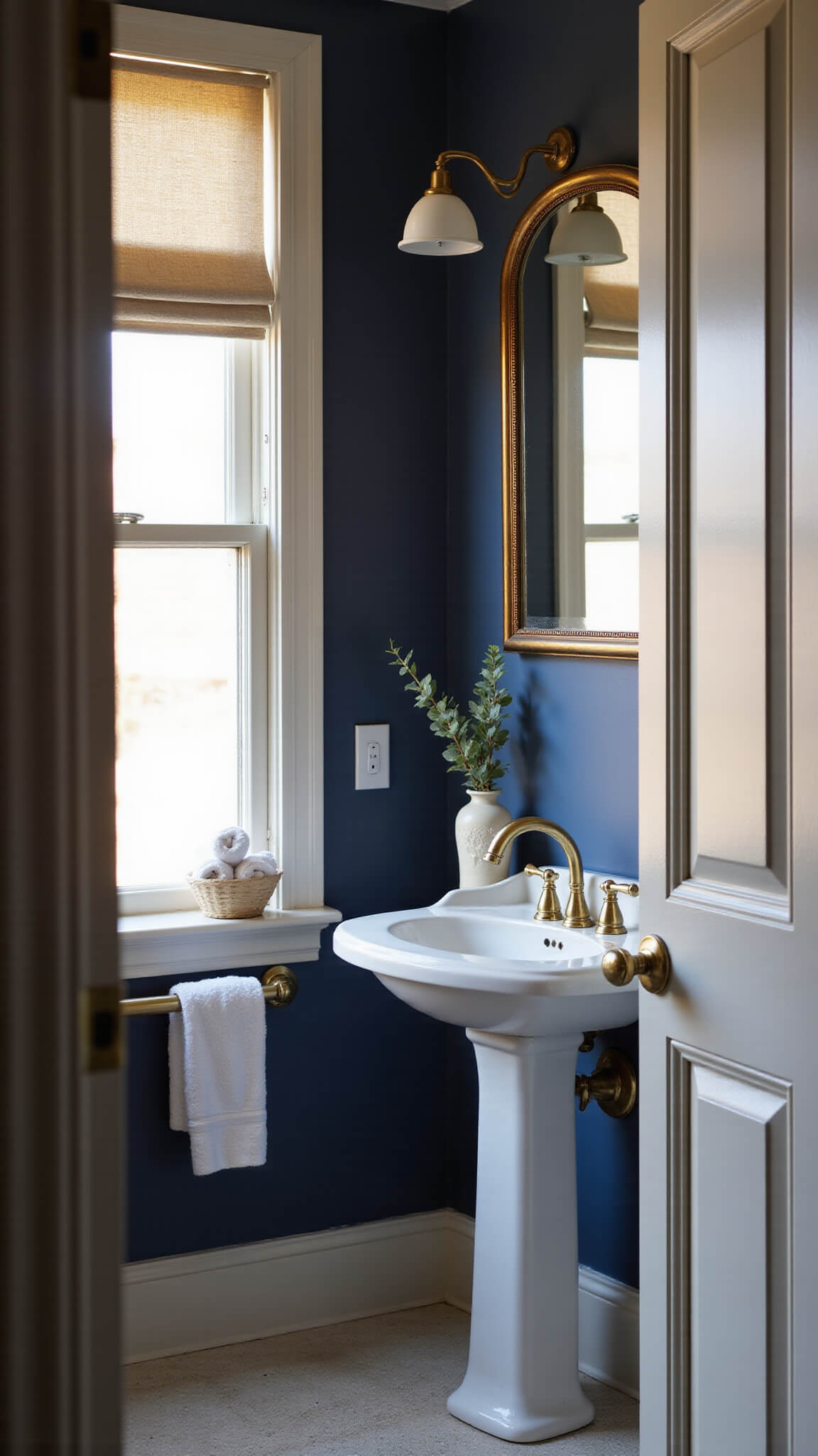 Golden hour light illuminates a cozy 25 sq ft powder room with a navy blue accent wall, vintage brass mirror, white pedestal sink with gold fixtures, cream roman shade, grey grasscloth wallpaper, eucalyptus in a vase, and Turkish towels.