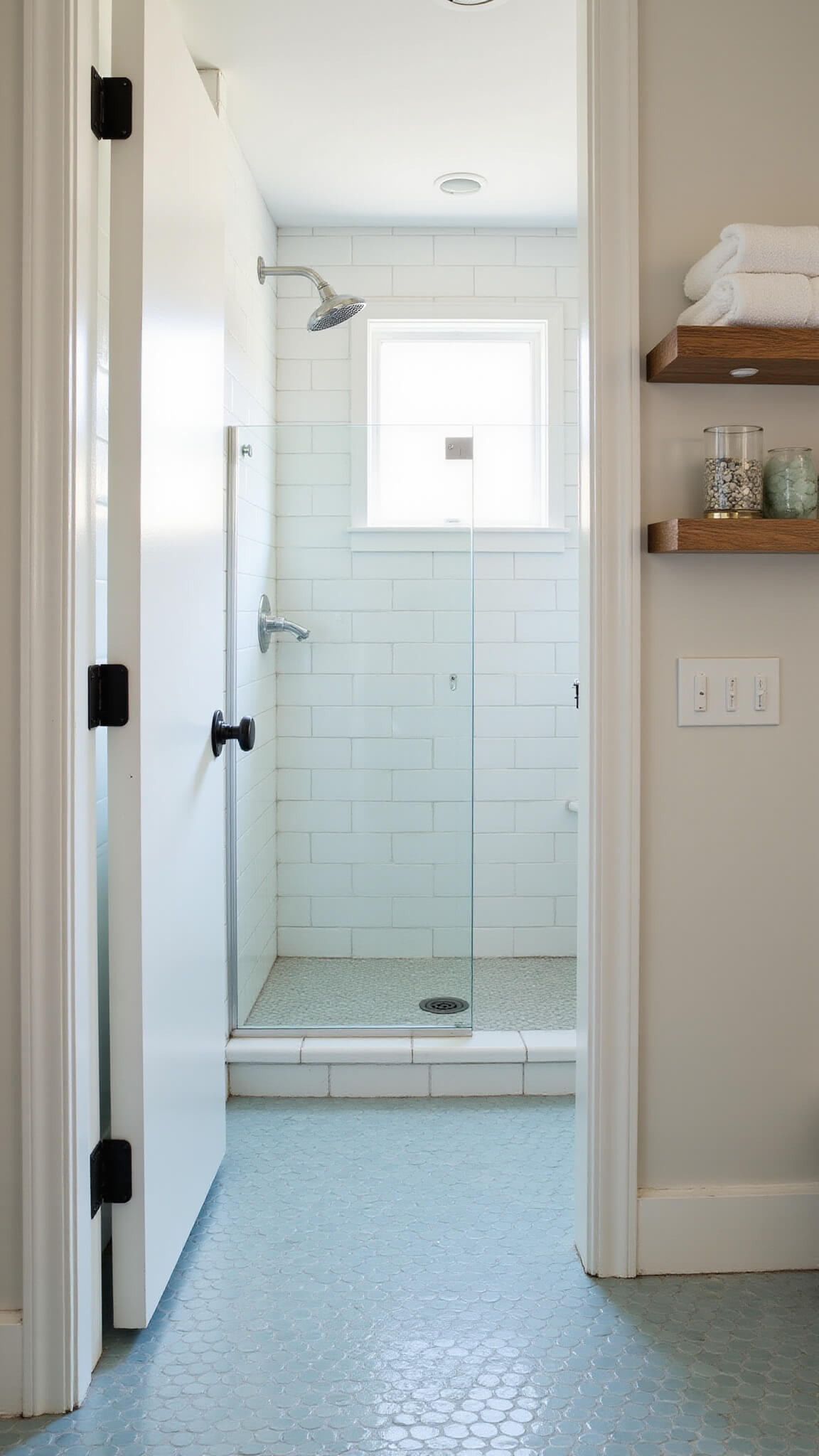 Coastal-inspired small bathroom with white subway tile walls, pale blue penny tile floor, curbless glass shower, and white oak floating shelves with spa accents.