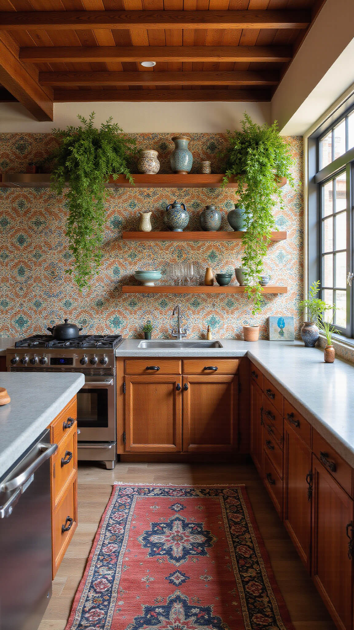 Bohemian kitchen with Moroccan zellige tile backsplash, open wood shelves displaying pottery, concrete counters, vintage rug, and trailing plants in bright midday light.