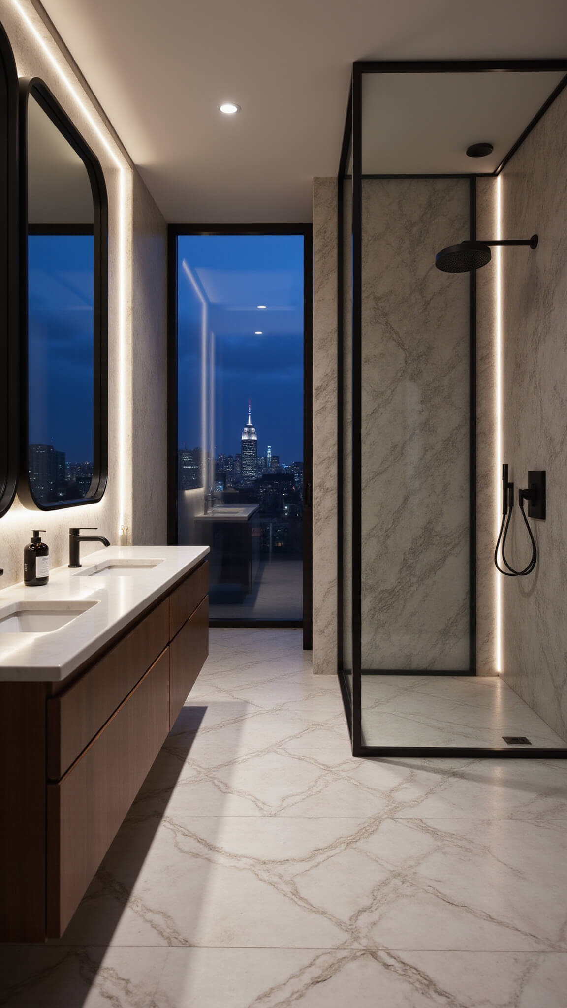 Dramatic evening view of a luxury bathroom with herringbone marble floor, floating dark wood vanity, veined marble-effect walls, black-framed shower, and moody ambient lighting.